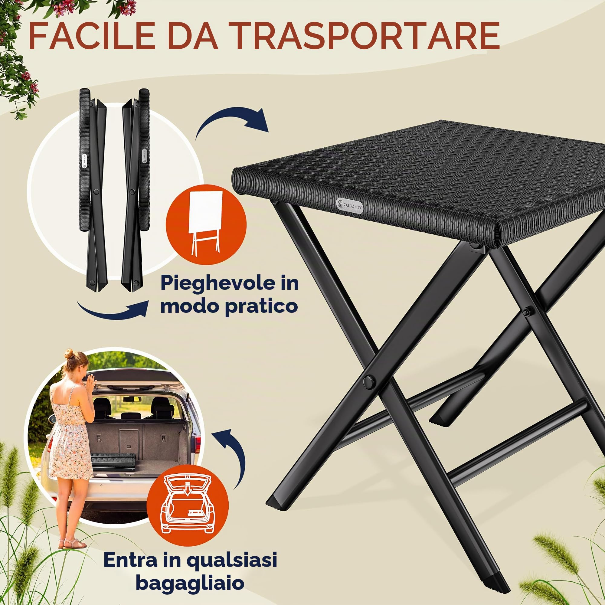 Casaria® Set di 2 Sgabelli Pieghevoli in Polyrattan Max Carico 75 kg 44x40x44cm Giardino Terrazza Balcone Campeggio