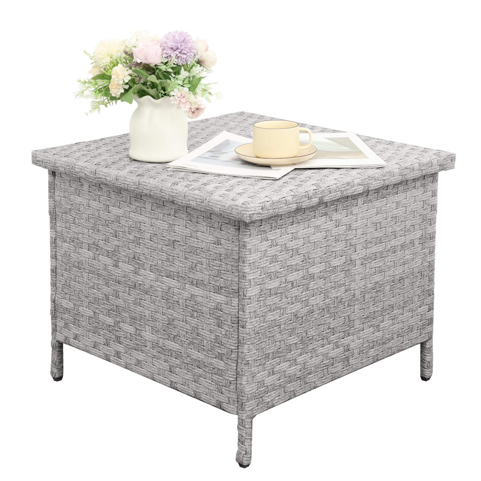 WAROOM Outdoor PE Wicker Side Table with Storage Patio End Table Resin Rattan Storage Table for Garden Backyard Porch Poolside, Grey