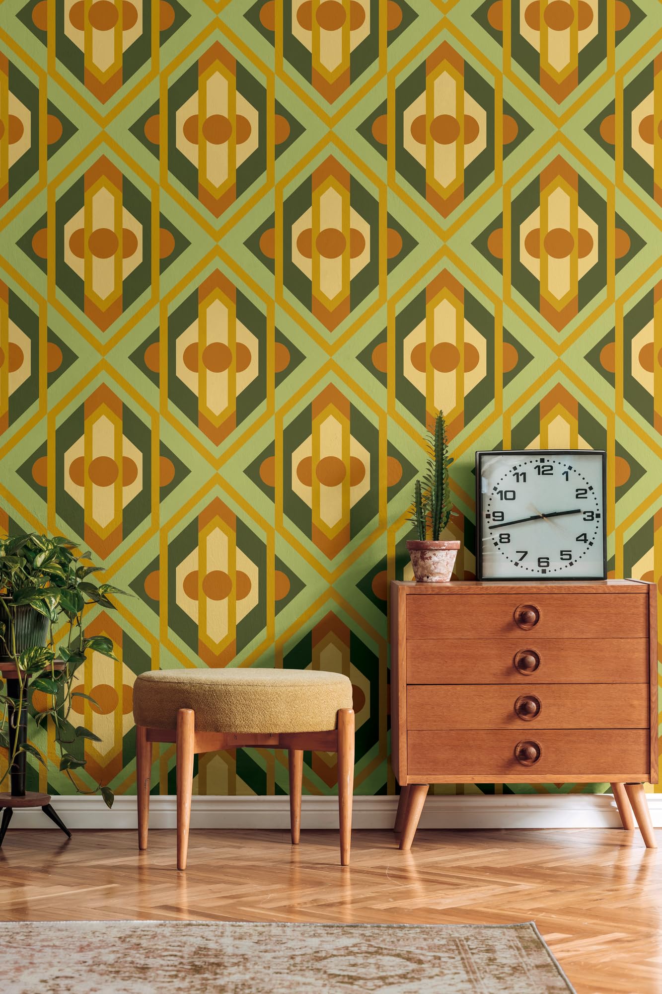 Tapeta w stylu retro, tapeta w stylu vintage, grafika, zielona, żółta, pomarańczowa, A.S. Création 395312-8,50 m x 0,53 m - Made in Germany