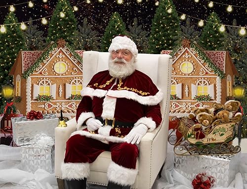 Miniatura 9 de Telón de fondo de pan de jengibre, escena de casa de jengibre, fondo de fotografía, 8 x 6 pies, árbol de Navidad, escena de nieve, telón de fondo