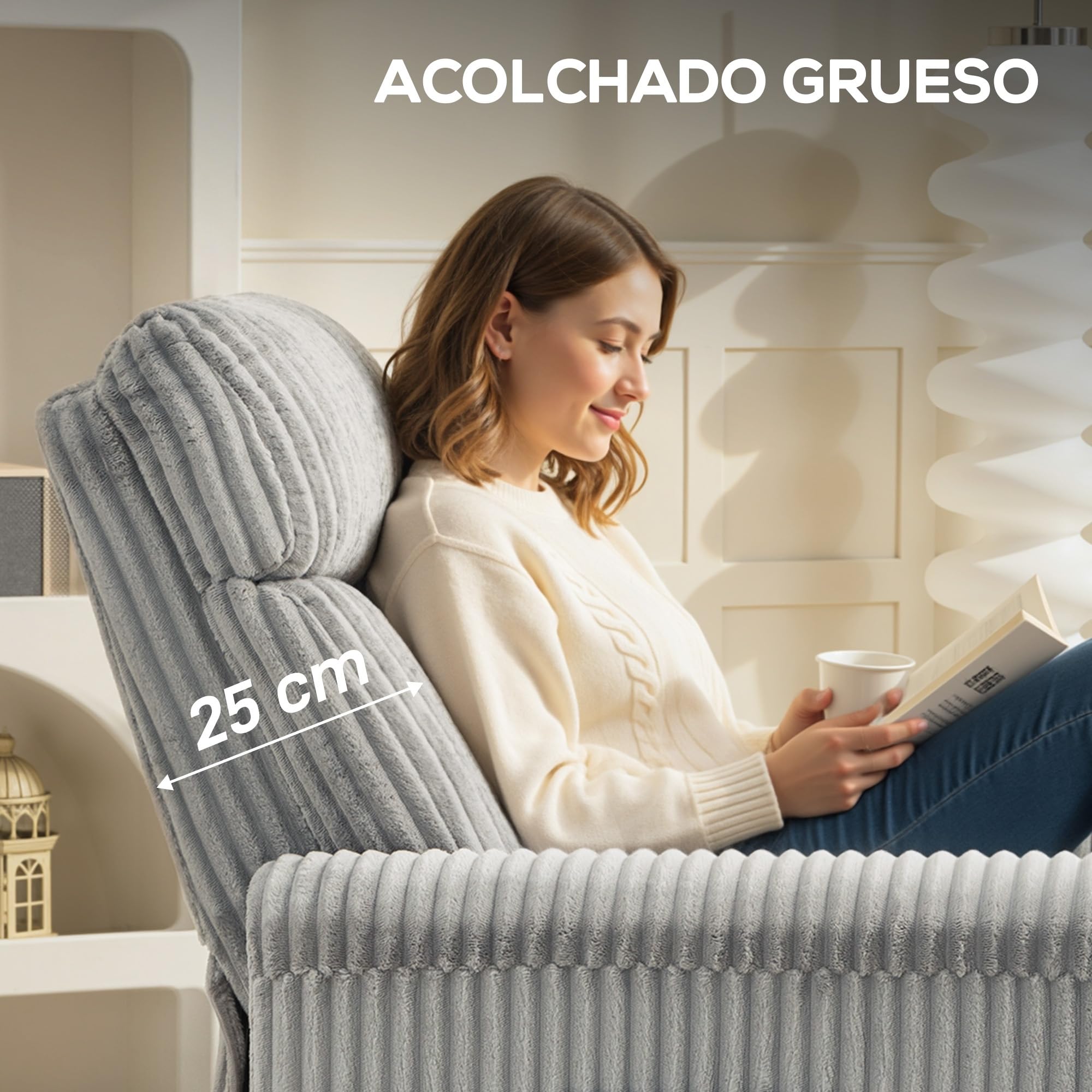 HOMCOM Sillón Relax Reclinable, Sillón Reclinable Manual, Tapizado en Pana, Instalación Rápida, Reposapiés, Acolchado Grueso, para Salón, Dormitorio, Oficina, Gris Claro