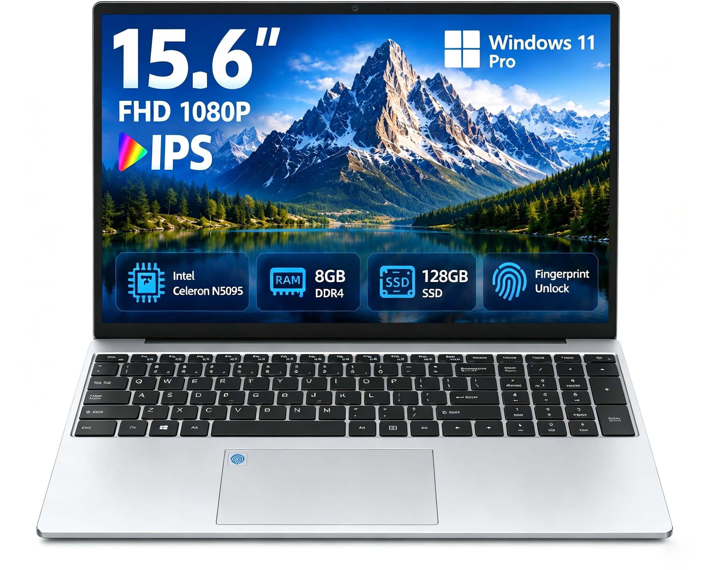 PC Portatile 15.6 Pollici FHD IPS,Notebook Win 11pro con Celeron N5095 (fino a 2.9GHz),8GB RAM DDR4, 128GB SSD,Tastiera Retroilluminata con Lettore Impronte,WiFi 5,USB 3.0,Mini HDMI,Argento