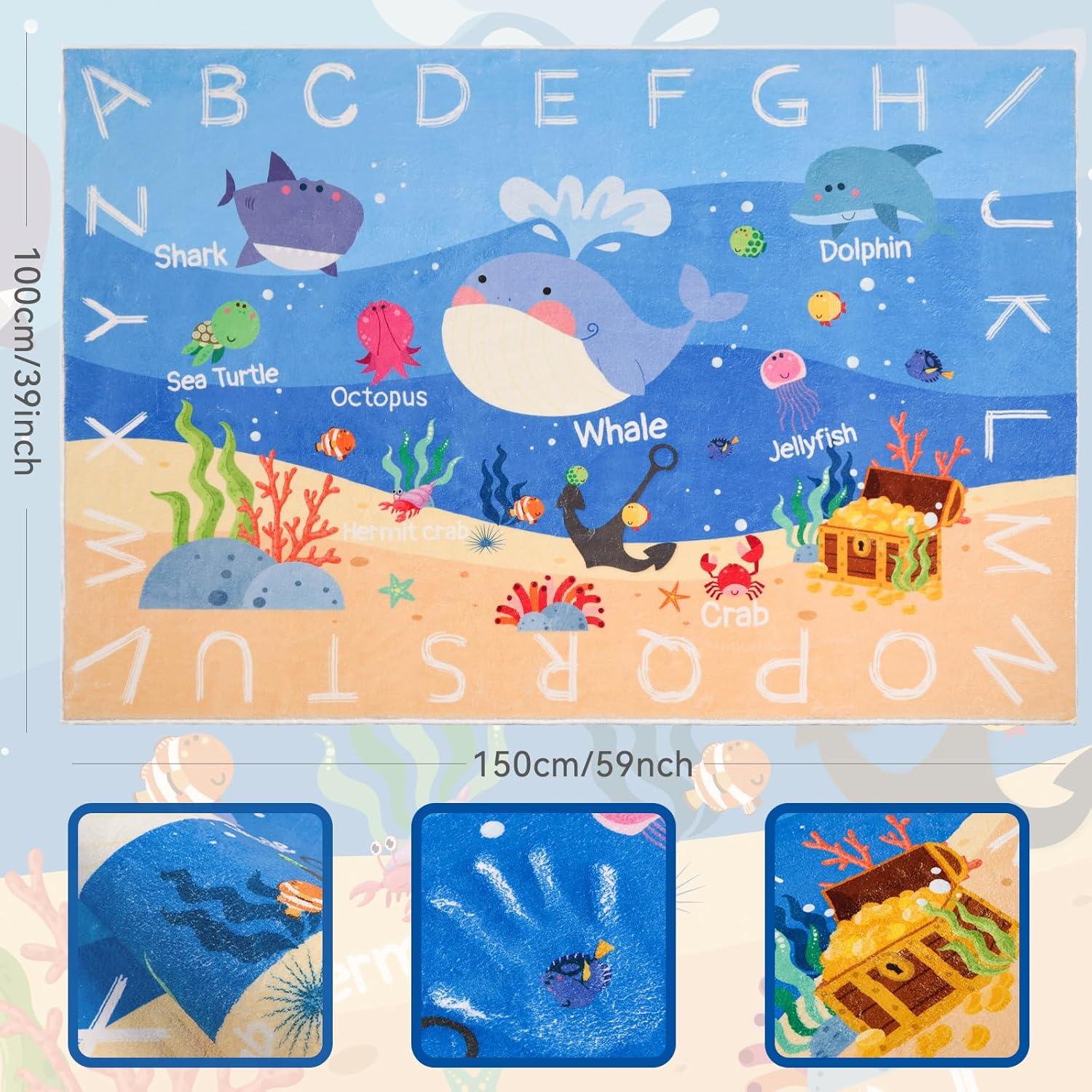 Kids Rugs for Playroom,59"X39.4" ABC Alphabet Whale Kids Rug,Non-Slip Ocean Kid Rug Play Mat,Washable Educational Classroom Rug Kids Area Carpet for Kids Room Bedroom Nursery Playroom