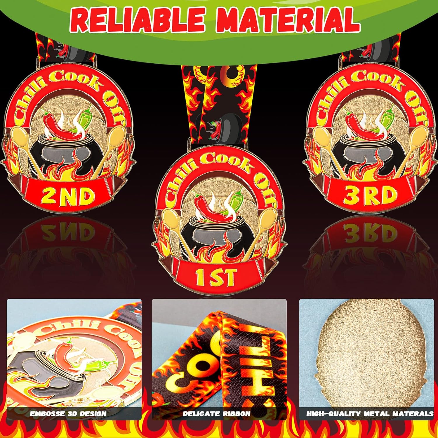 3 Pcs Chili Cook Off Medals Trophies Prizes, Chili Cook Off Awards for 1st 2nd 3rd Place Medals, Winner Medals with Neck Ribbon, Chili Cook Off Decorations Supplies - Image 3