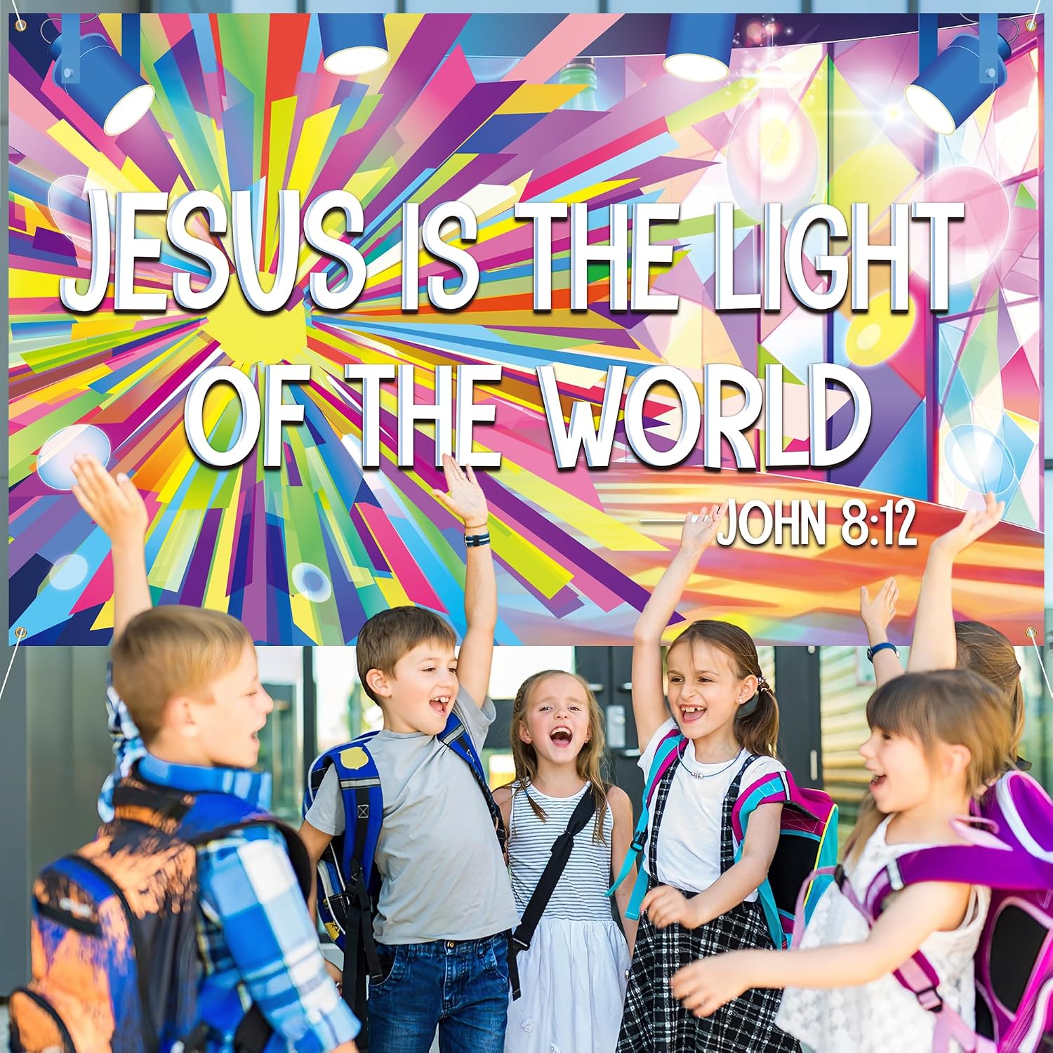 VBS 2026 Backdrop Jesus is The Light of The World Hanging Banner Bible Verse Photography Background Colorful Stage Light Photo Booth Prop for Church Vacation Bible School Christian Party Decoration