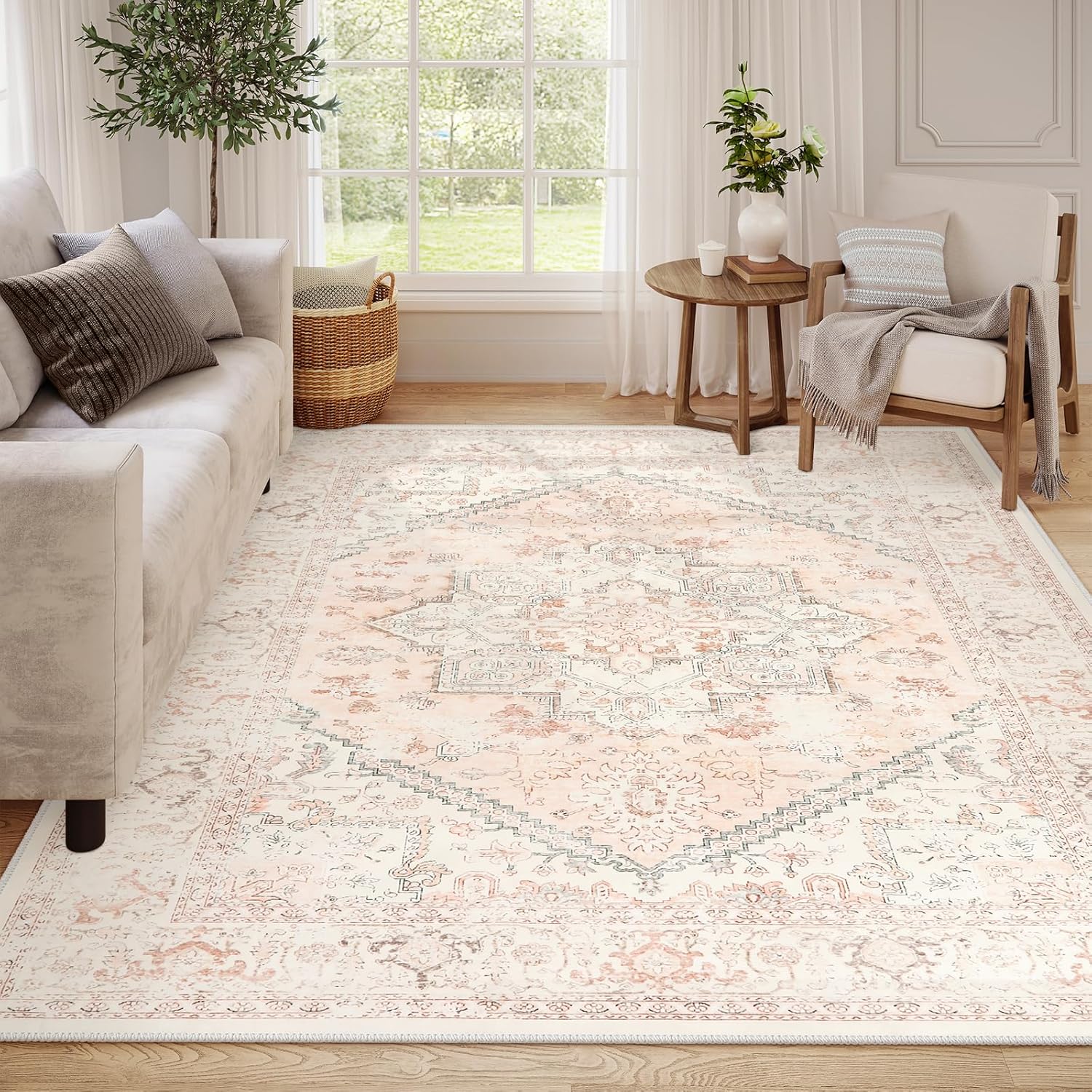 LIVEBOX Pink Area Rug 8x10 - Large Oriental Floral Living Room Rugs Accent Rug for Bedroom, Non-Slip Retro Medallion Carpet Print Distressed Rugs for Dining Room Office (Pink/Peach) 8' x 10' (Rectangular) Medallion Pink