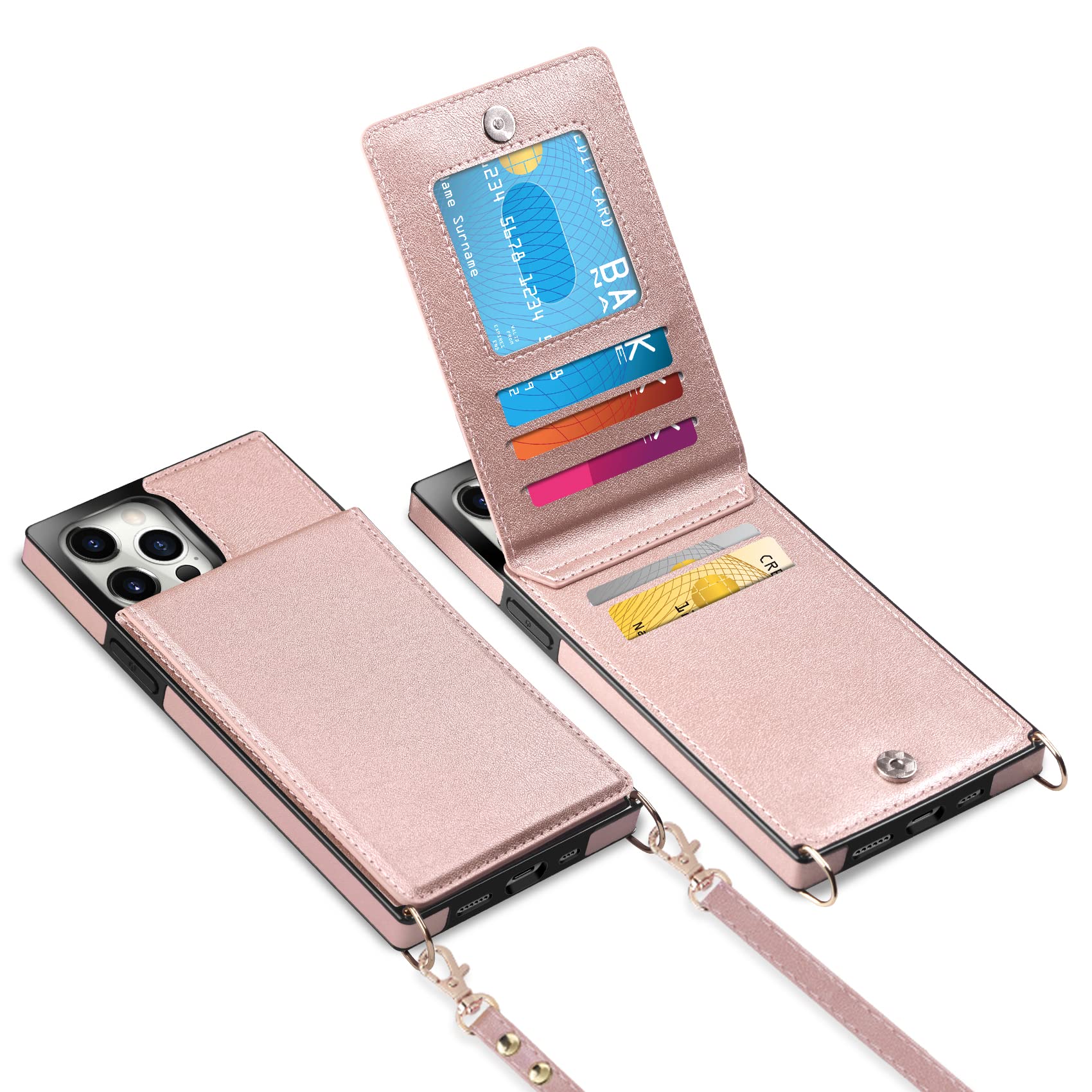 Vofolen for iPhone 14 Pro Max Case Wallet Card Holder Leather PU Flip Cover Folio Lanyard Crossbody Strap Women Girl Magnetic Clasp Kickstand Square Heavy Duty Protective Cover 6.7 inch 5G Rose Gold