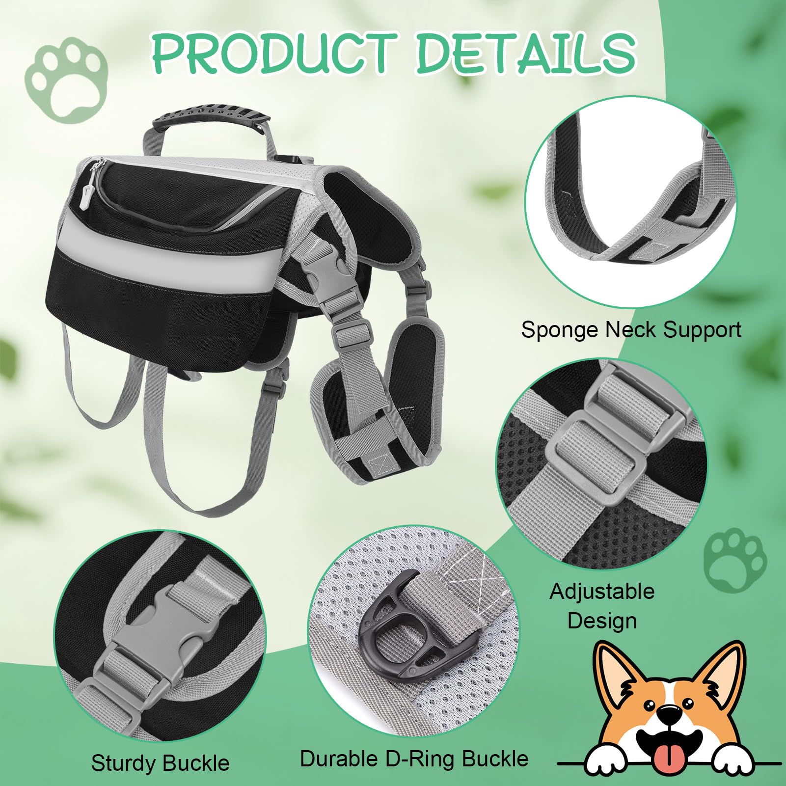 Imbracatura per cani per escursionismo, borsa da sella per animali domestici Ripstop con finiture riflettenti, zaino da viaggio regolabile per cani, zaino leggero da campeggio per escursioni per razze