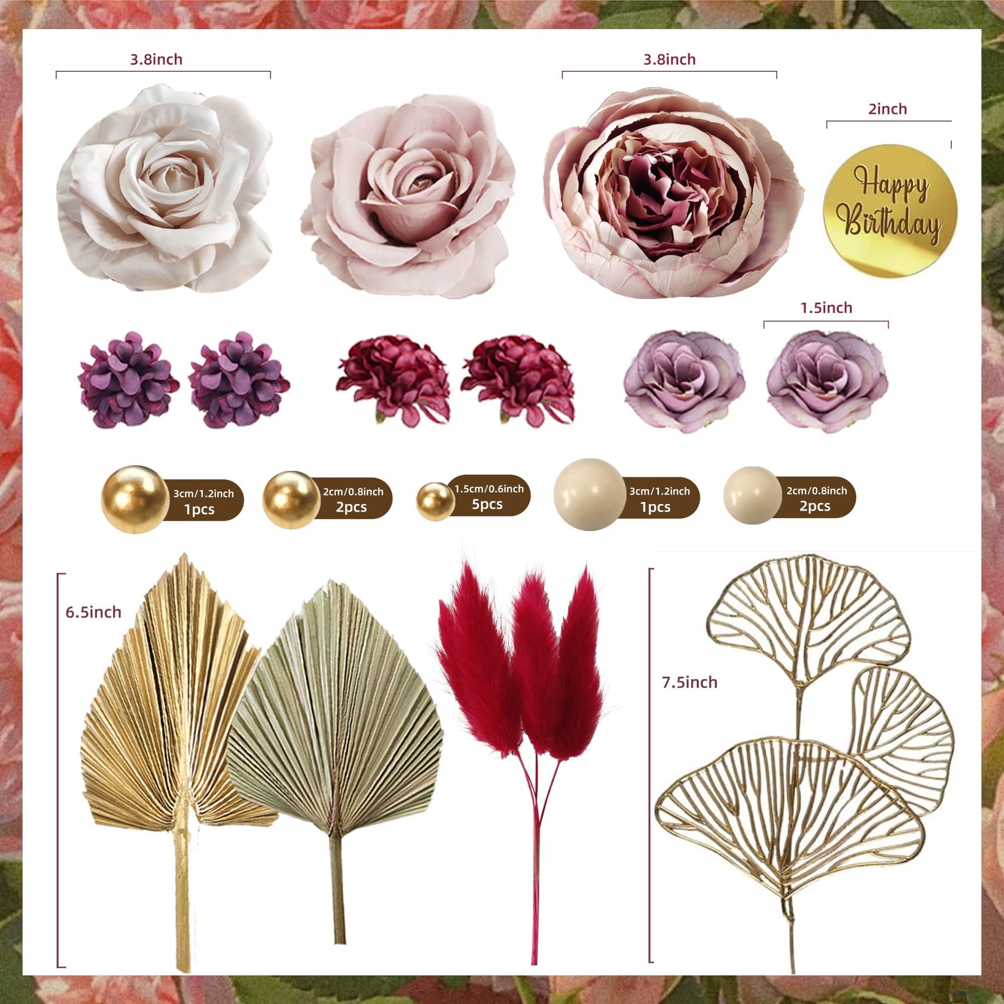 Boho Tortenaufsatz Palmblätter Burgunderrote Blumen Kugeln Kuchen Dekorationen für böhmische Hochzeit Babyparty Geburtstag Party Supplies