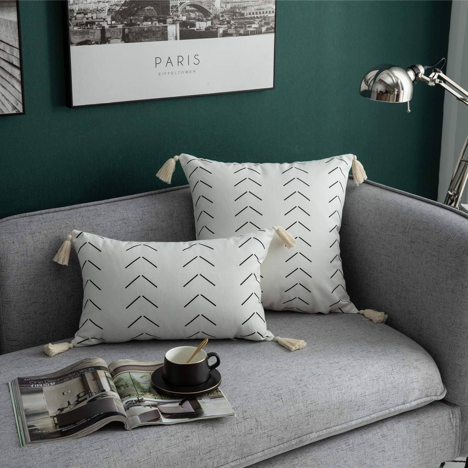 DEZENE Decorative Throw Pillow Covers for Couch Sofa Bed, 2 Pack 100% Cotton Rectangle Lumbar Pillow-Cases with Tassels, Boho Euro Cushion Covers for Farmhouse, Kids, 12 x 20 Inch Black and White