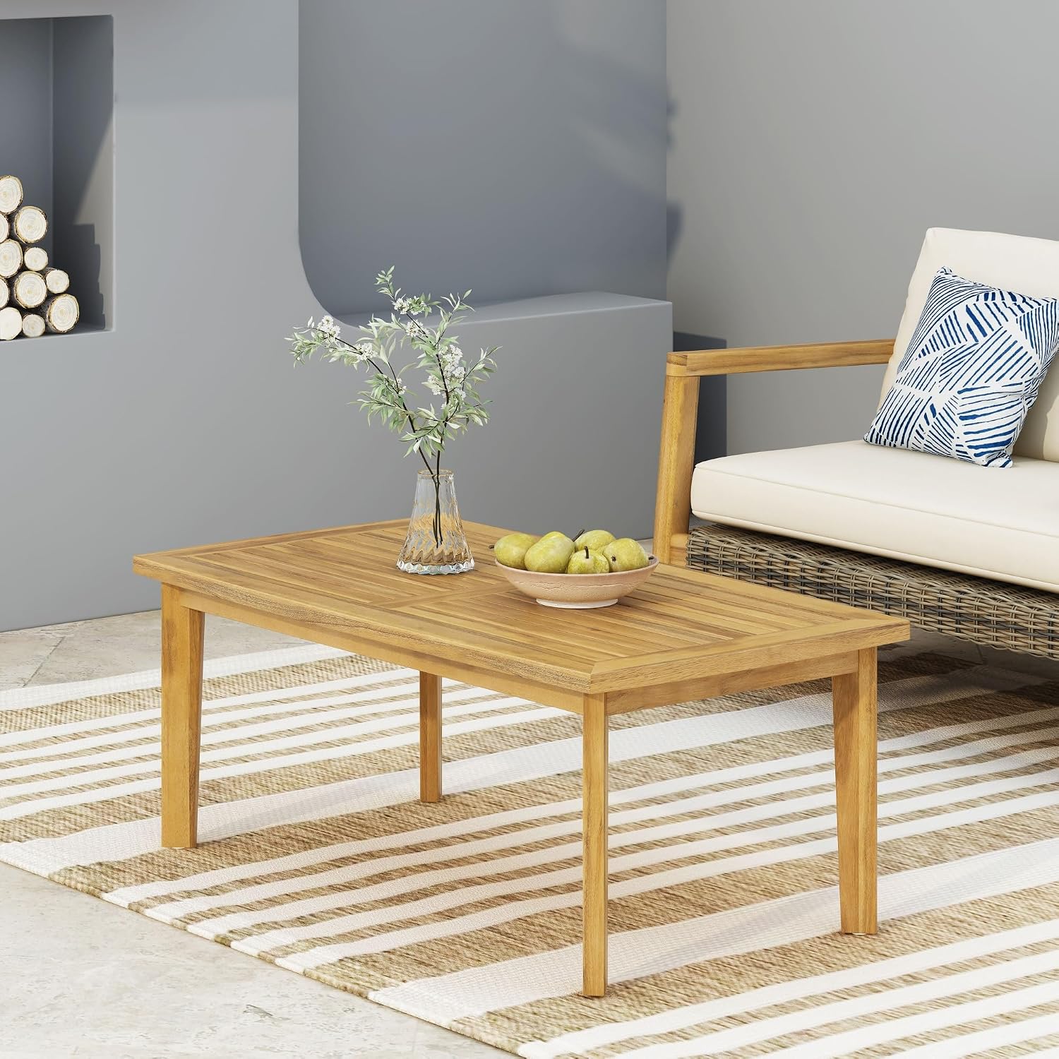 Outdoor Acacia Wood Rectangular Coffee Table, Teak Finish, 43.25" W x 23.50" D x 17.00" H, Slat Panel Design, Weather Resistant for Porch, Garden, Backyard