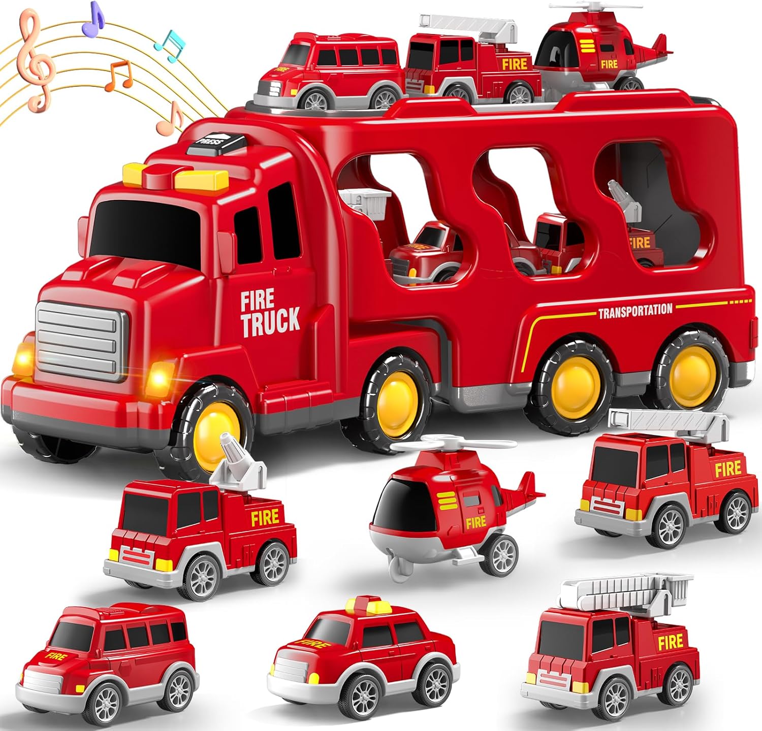 7 in 1 Fire Trucks Cars Toys for Toddlers 3-5, Boy Toddler Car Truck Toys with Light Sound, Birthday Gifts Toys for 3 4 5 6 Year Old Boy