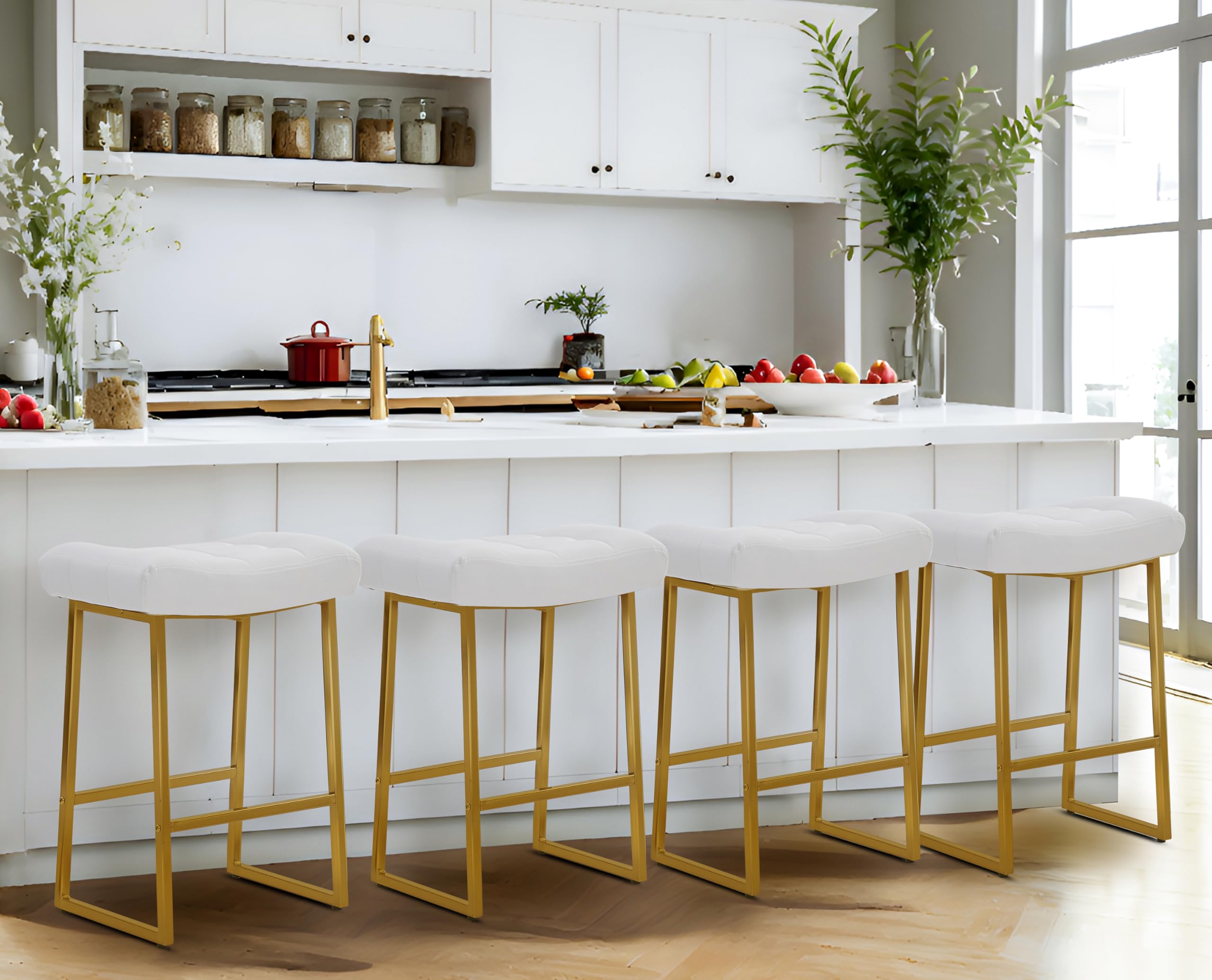 RNKSFX White & Gold Counter Height Bar Stools Set of 4 for Kitchen Counter Backless Kitchen Island Barstools with Upholstered Faux Leather Seat and