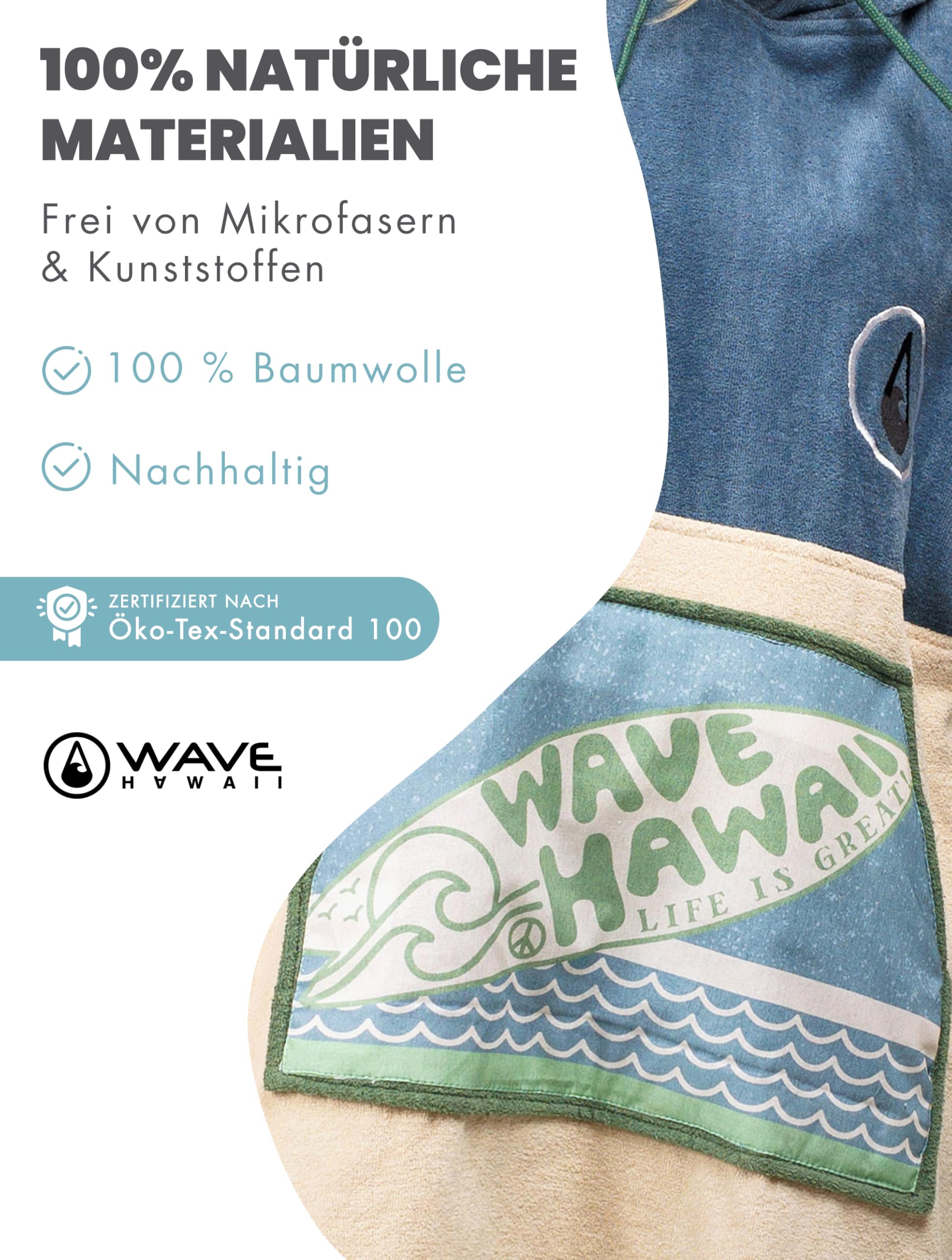 WAVE HAWAII Surfponcho L für Körpergrößen 171-193 cm Poncho 100% ÖKO Baumwolle Velours Umkleidehilfe für Schwimmen Strand Surfen Surf Poncho Badeponcho Duschponcho für Herren und Damen