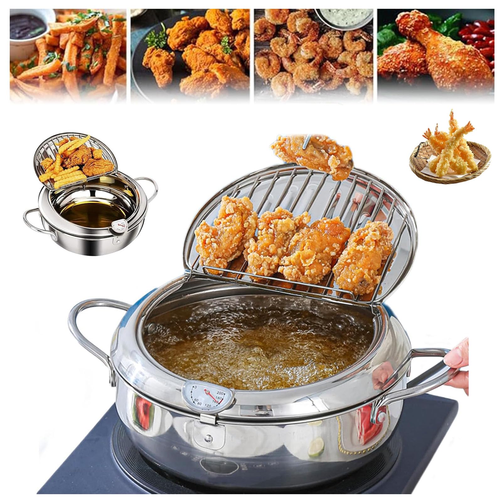 Japanese Deep Fryer Pot,stainless Steel Deep Fryer Pot,stainless Steel Frying Pot with Thermometer and Oil Drip Drainer Rack,japanese Style Tempura Frying Pot with Lid,japanese Deep Fryer (9.4in/24cm)