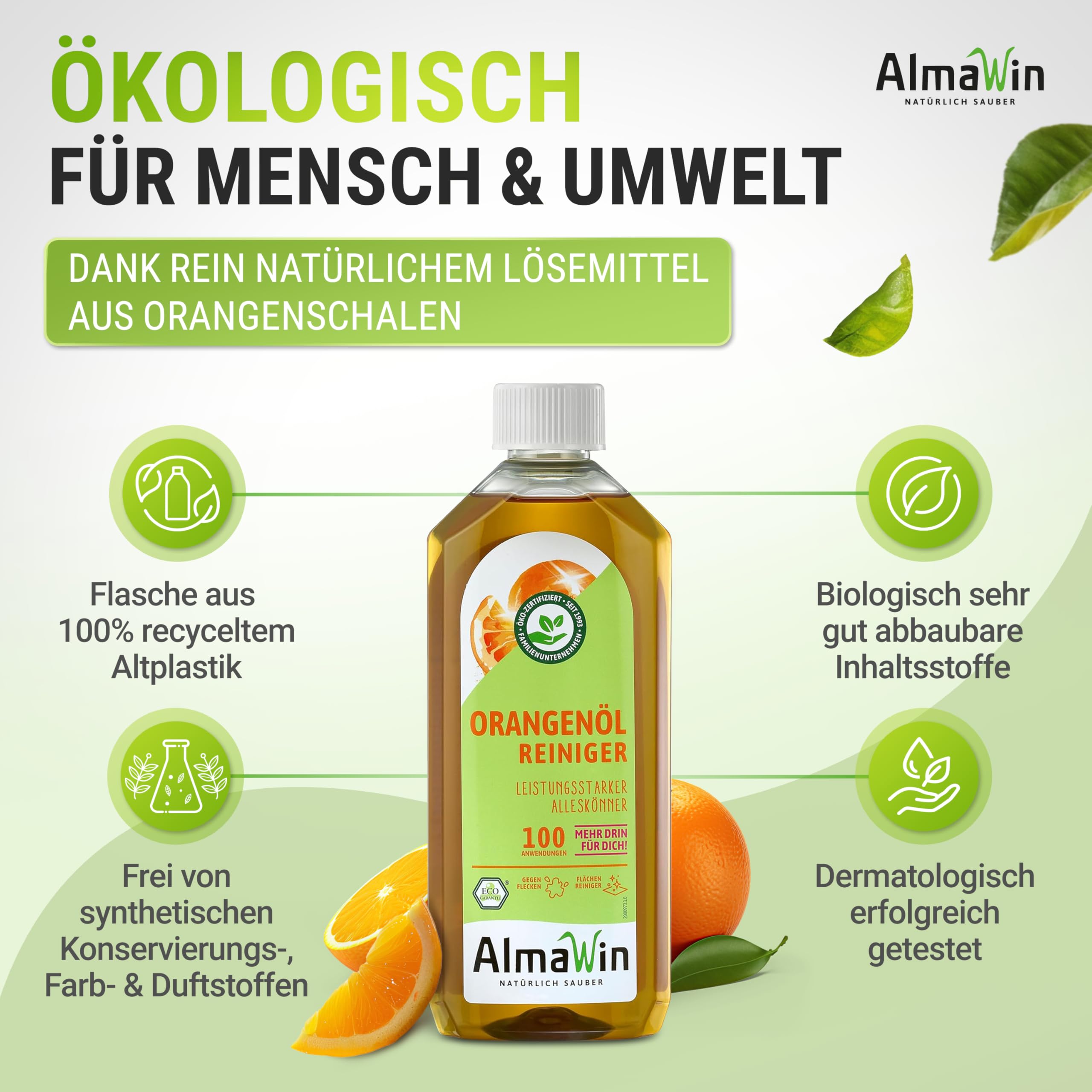 AlmaWin® Orangenölreiniger ÖKO [4x 500ml] ideal als starker Allesreiniger & Fettlöser - Veganes Orangenreiniger Konzentrat in recycelter Flasche - Besonders ergiebiger Orangenöl Reiniger