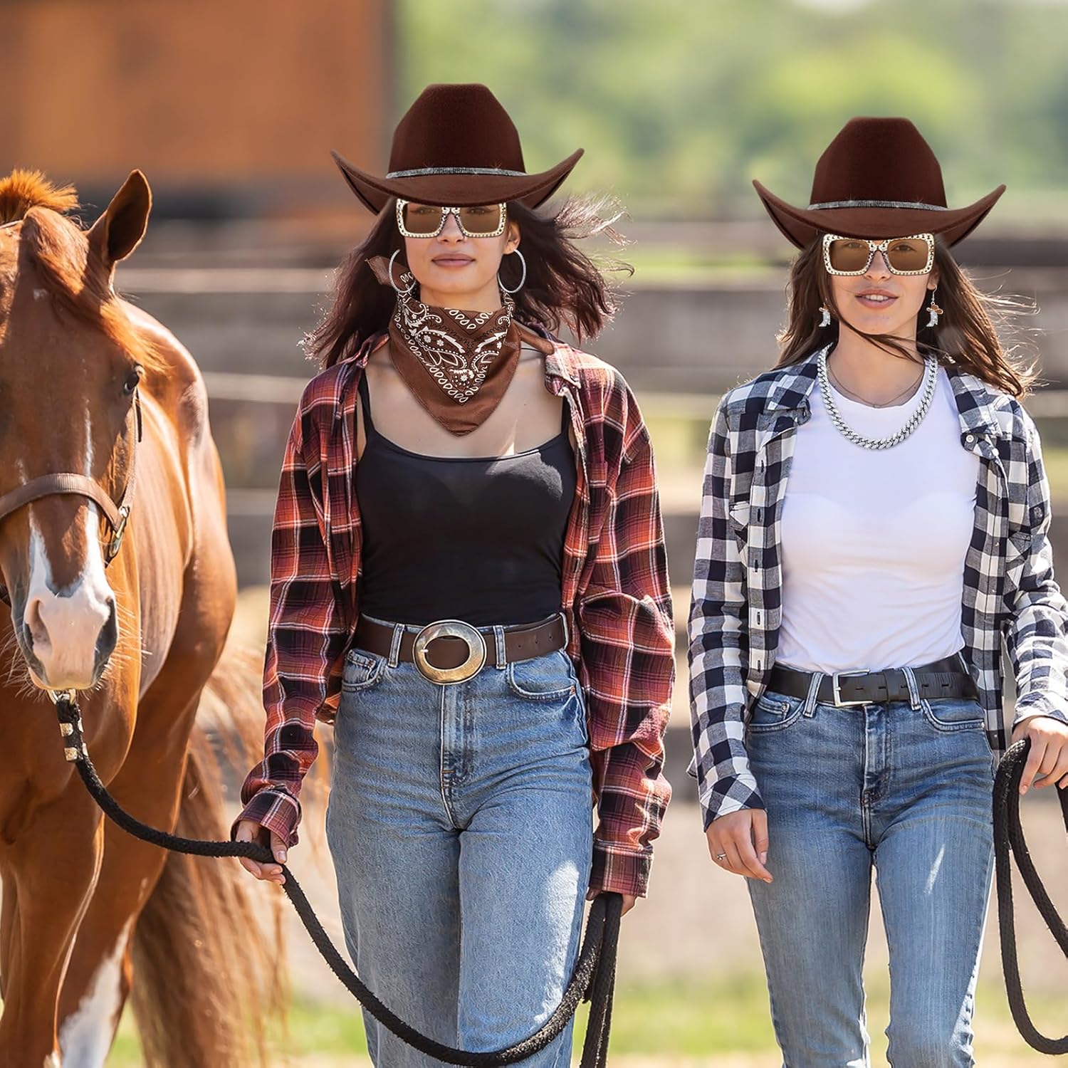 Hercicy 7 Pcs Western Costume Outfit Women Glitter Hat Sunglasses Bandana Bracelet Earring Accessory Halloween Cosplay - Image 6