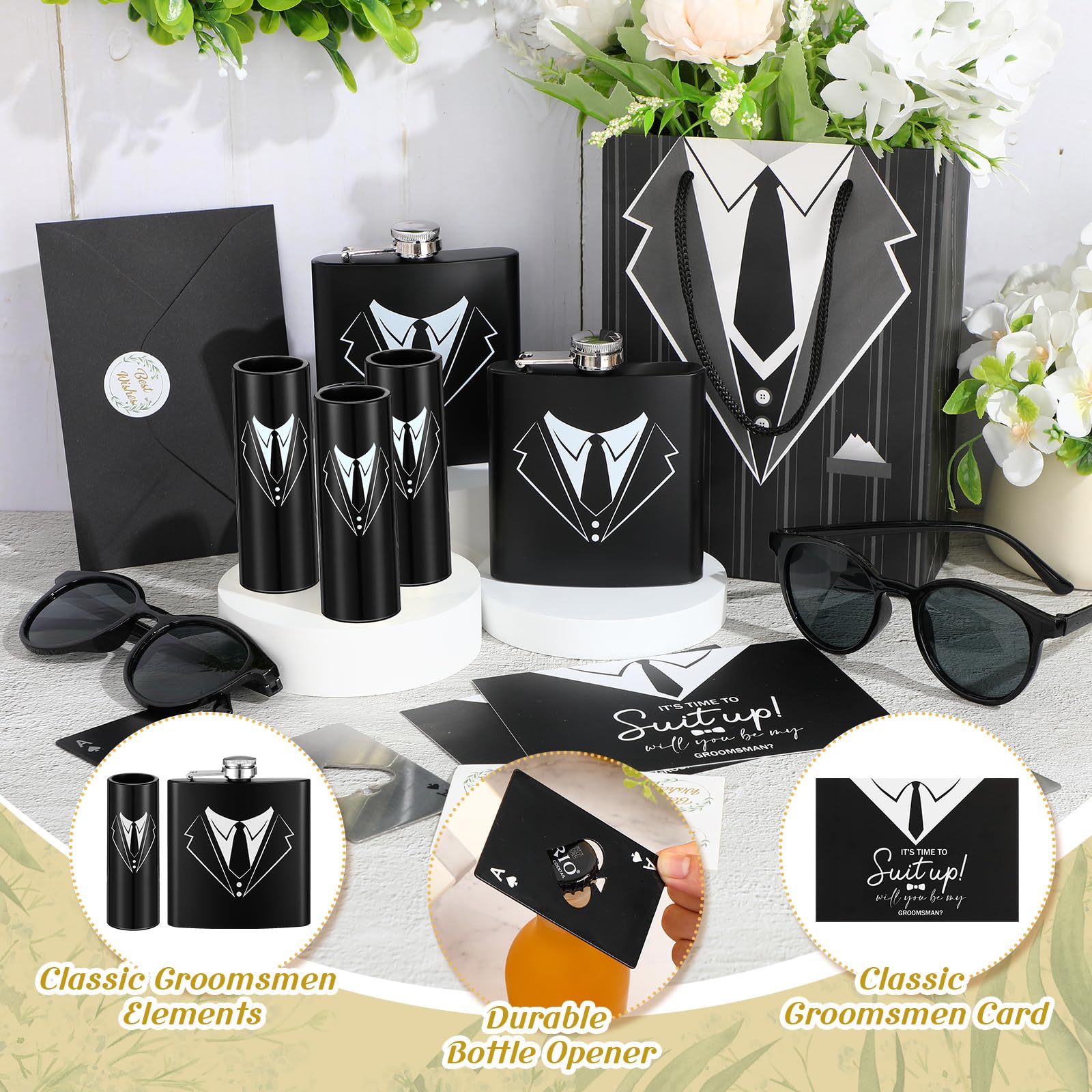 Bokon 48 Pcs Groomsmen Gifts for Men Stainless Steel Tuxedo Flask Groomsmen Gauge Glasses Poker Bottle Opener Groomsman Gift Bag Sunglasses with Cards for Wedding Bachelor Party Favors