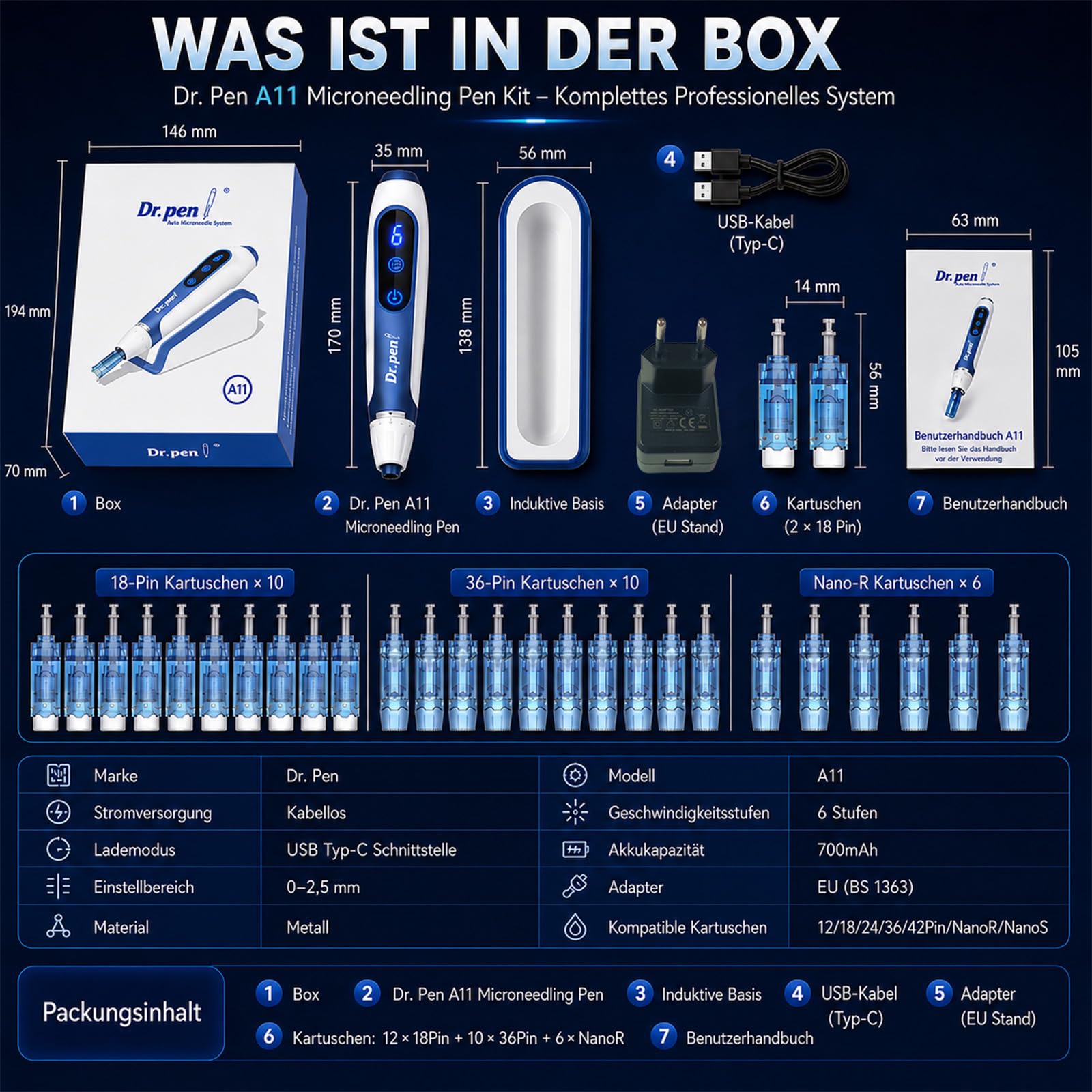 Dr. Pen A11 Kabelloser Hautpflege-Pen Set mit 28 Ersatz-Tips (12×18Pin & 10×36Pin & 6xNanoR), LED-Anzeige, Ergonomisch, Intelligente Aufladung Basis, Für Gesicht & Kosmetische Pflege, Zuhause & Studio