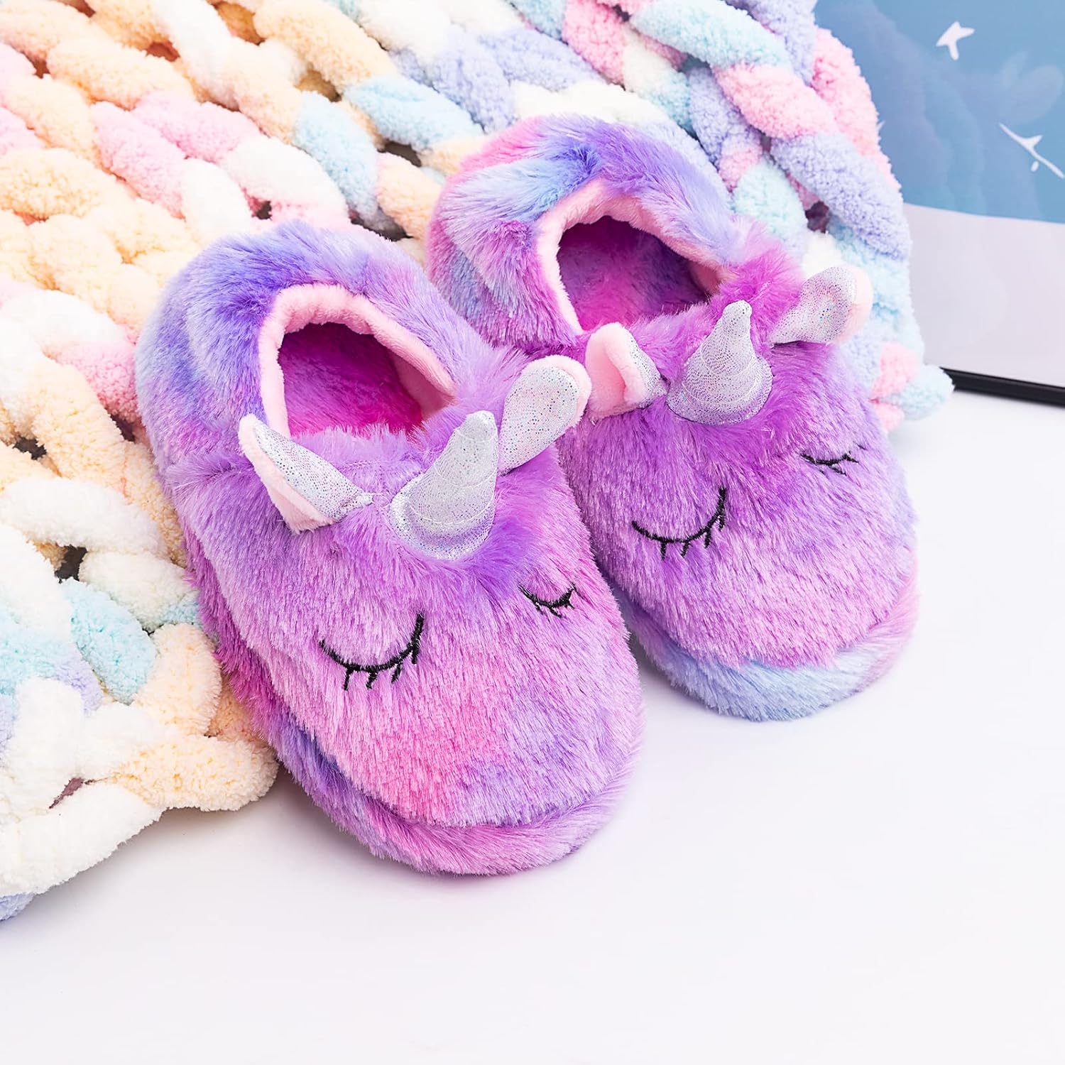 techcity Rainbow Unicorn Slippers/Cute Fluffy Girls Slippers/Cozy Plush Indoor Outdoor Kids Slippers/Best Unicorn Gifts