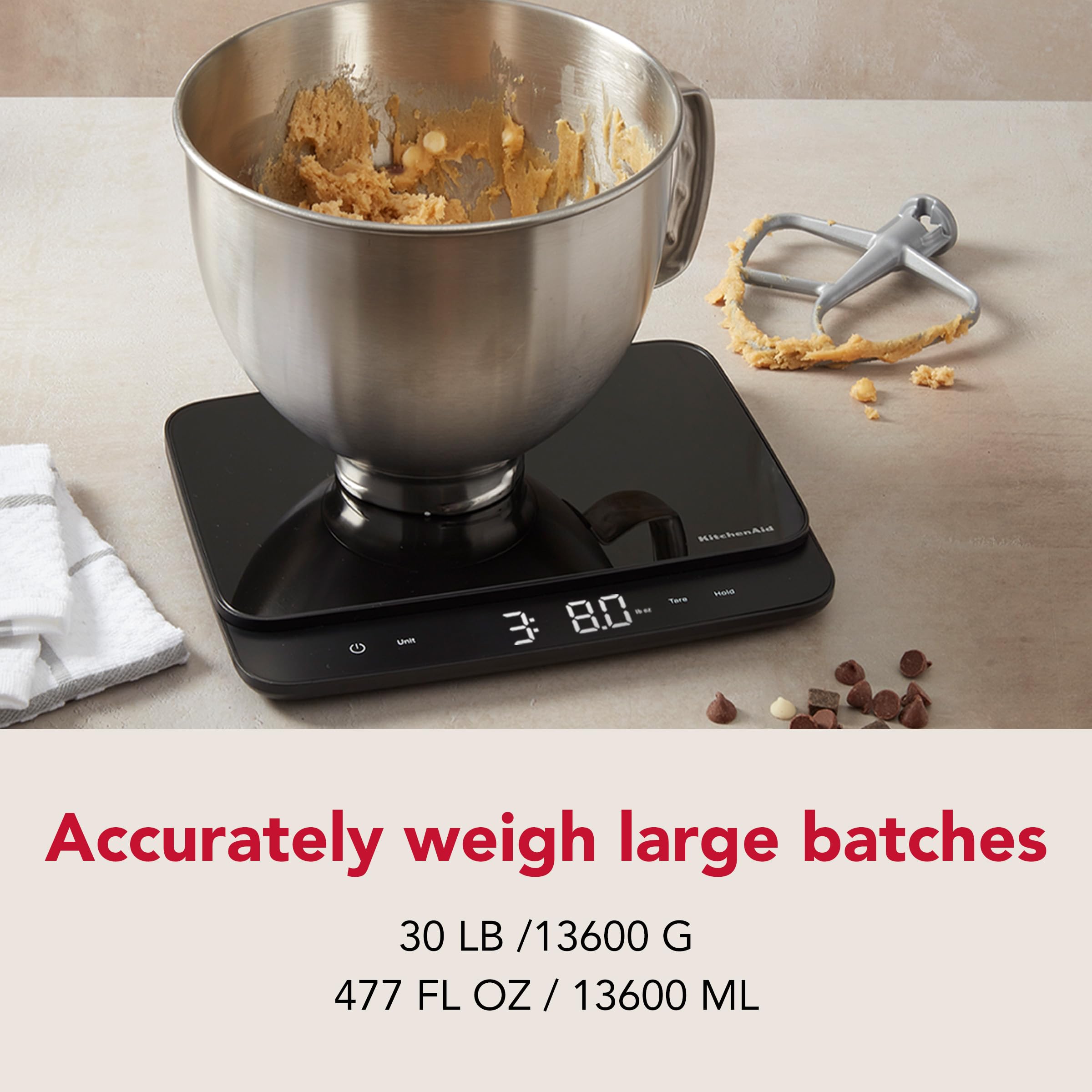 KitchenAid KQ917 - Báscula digital de cocina y alimentos con superficie de vidrio de alta capacidad, capacidad de 30 libras y precisión, gramos, onzas, libras, onzas líquidas y mililitros, LED
