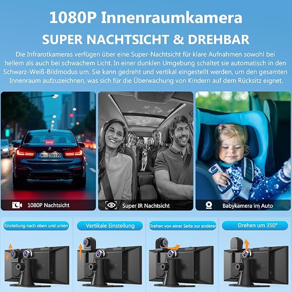 Carpuride W125S Carplay Screen 3 Channel Dash Cam 4K Front & 1080P Back