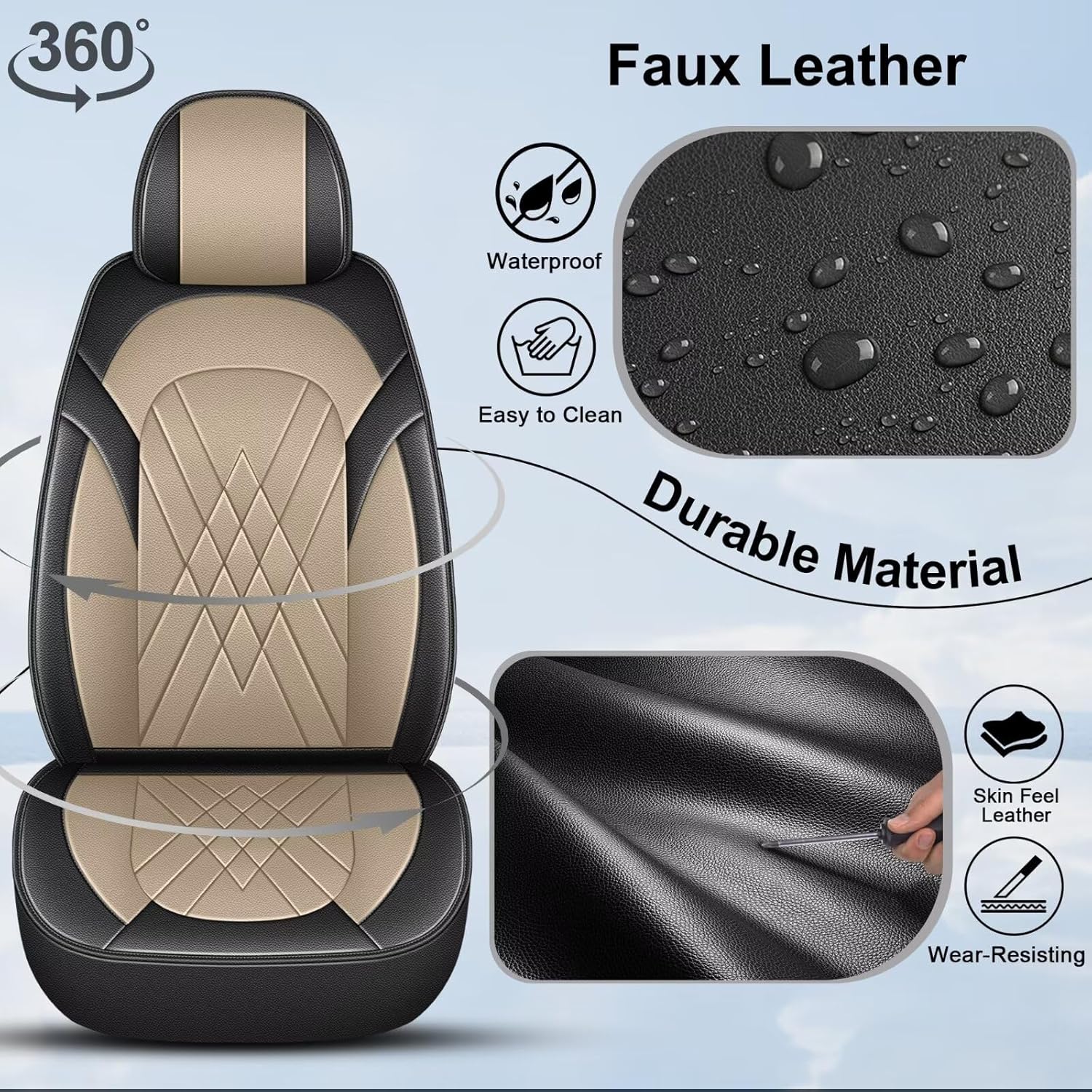 YORKNEIC Seat Covers for Hyundai Santa Fe 2007-2024 2025: 5 Seats Waterproof Leather Car Seat Covers - Full Set Car Seat Protector Compatible Airbag (2 Row 5 Seat, Black & Beige)