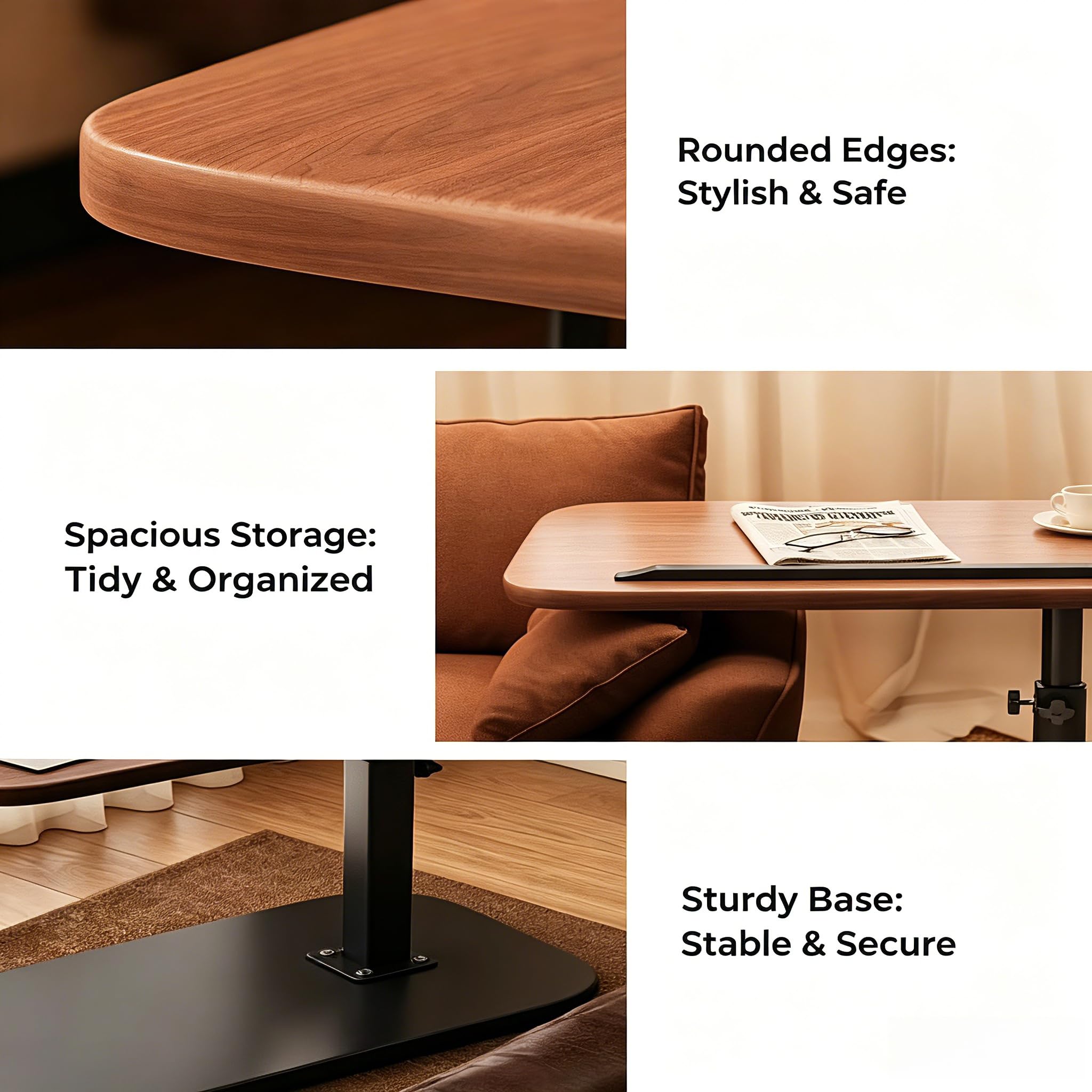 Tavolino a forma di C regolabile in altezza (legno) | Tavolo per laptop girevole a 360°, inclinabile, per divano e letto, altezza regolabile da 45 a 80 cm, con barra antiscivolo