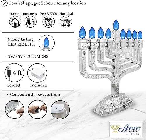 Miniatura 4 de LED Knesset Chanukiah Menorah eléctrico de plata metálica diseñada con las 12 tribus de Israel Shevatim - Menorá USB con cable incluye adaptador de