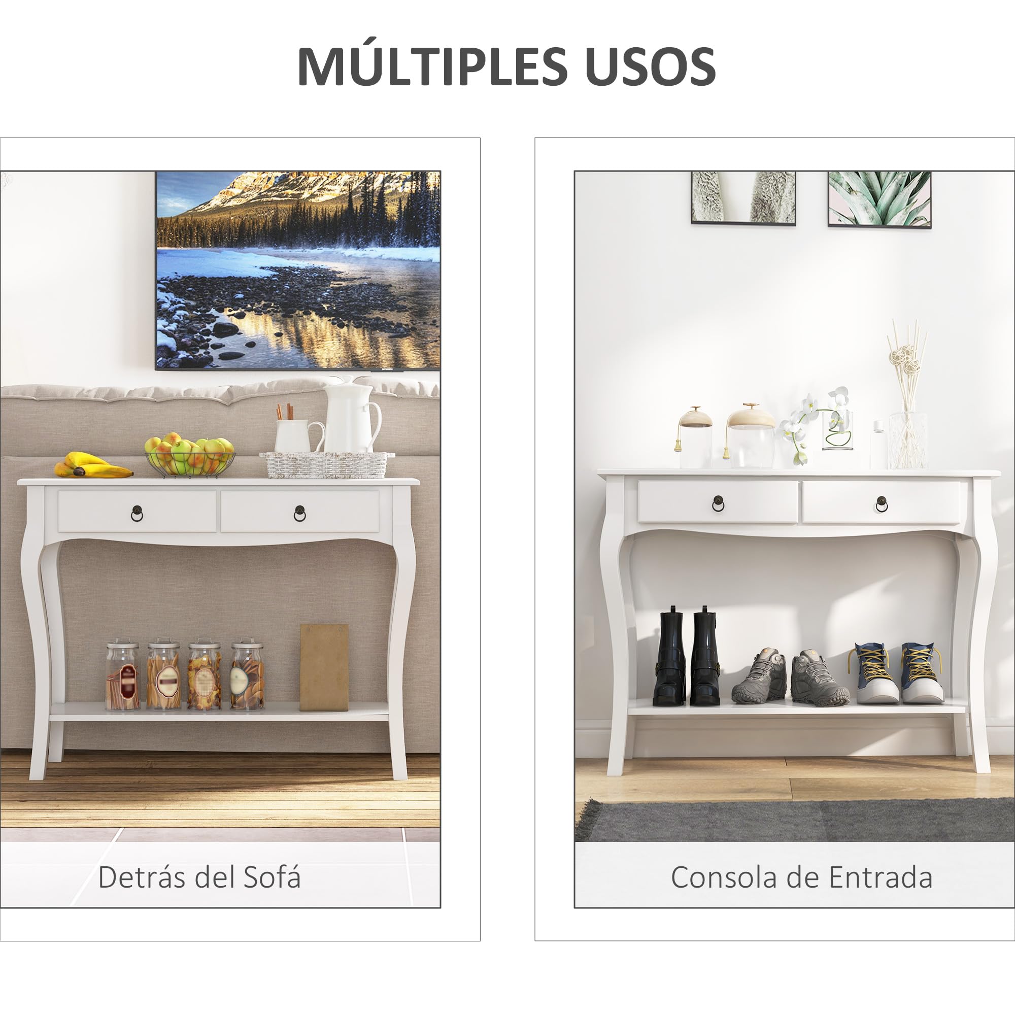 HOMCOM Mesa Consola Aparador con Cajones Madera 100x33x75cm Blanco Brillo | Salón Comedor, Mueble Recibidor, Mesa Auxiliar, con Estante, Diseño Elegante