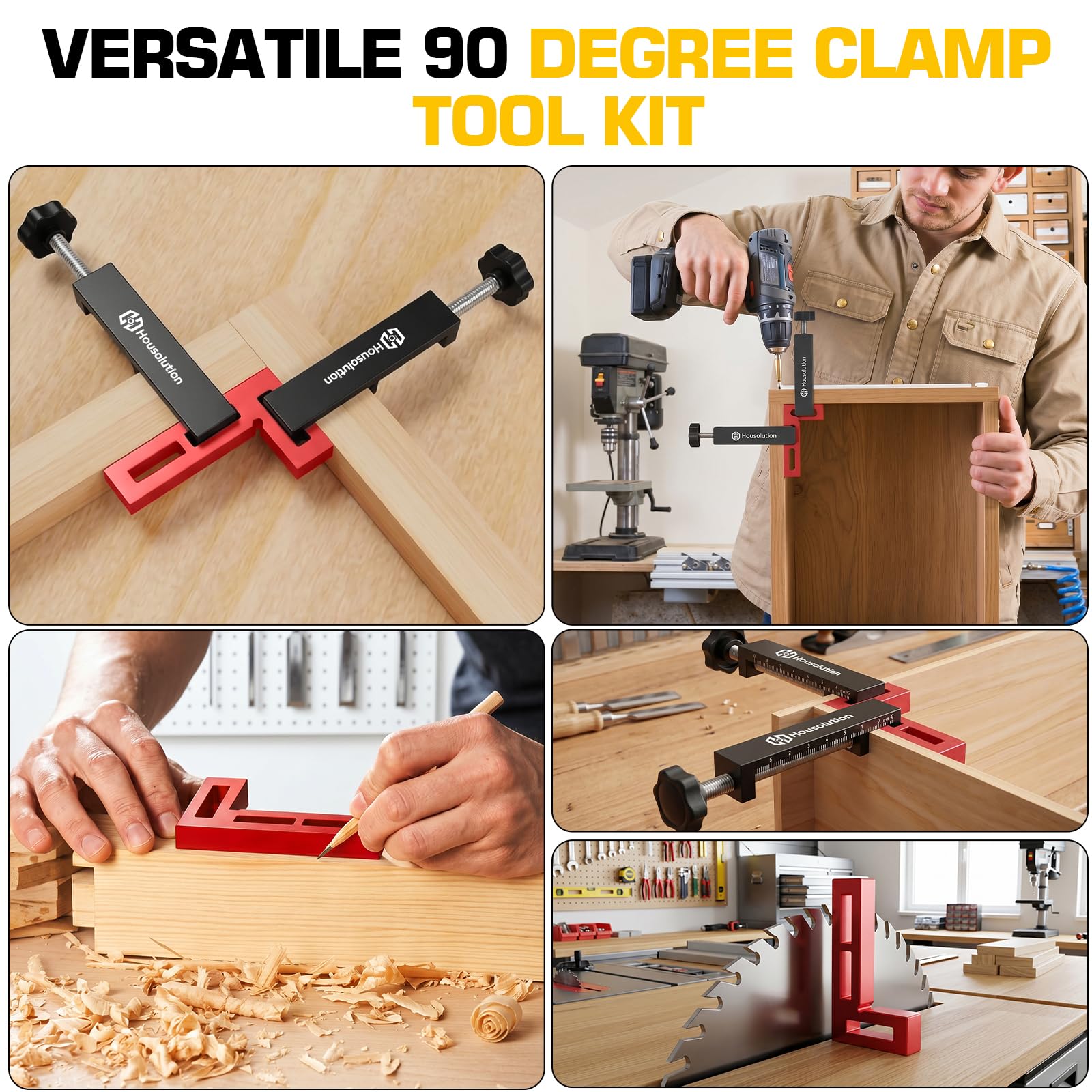 Housolution Serre-Joints d'Angle 90° pour Travail du Bois, Lot de 4, Rouge | 4,05"x2,2" Outil Carré Aluminium avec 4 Serre-Joints C, 1 Clé Allen, 4 Patins Antidérapants, Armoires, Cadres, Tiroirs