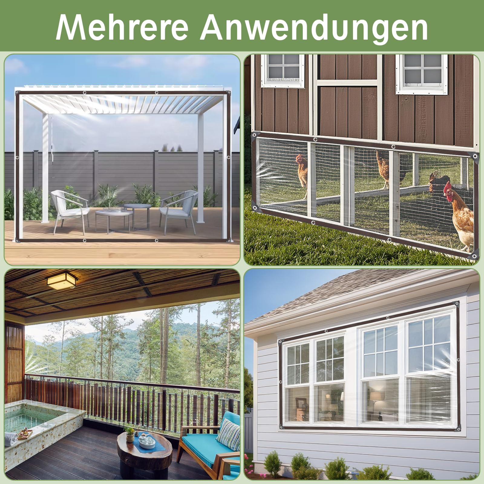 Bcbig Transparant zeil met oogjes, waterdicht afdekzeil, doorzichtig, voor zijpanelen, paviljoen, buiten, tuinmeubelen, tent of tuin, 3 x 5 m
