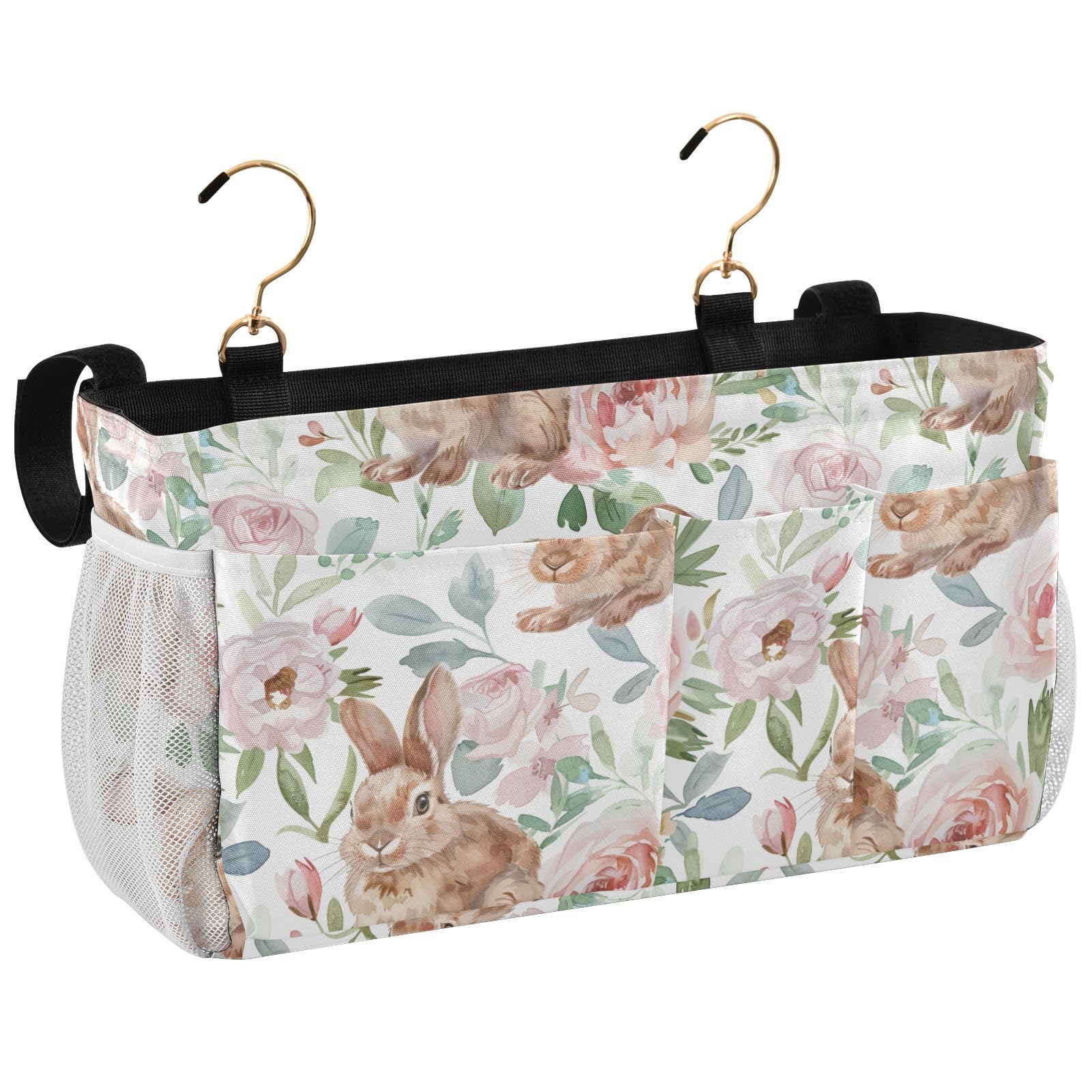 RunningBear Cute Rabbits Flowers Bedside Caddy Hanging Remote Caddy with 6 Pockets for Book Phone