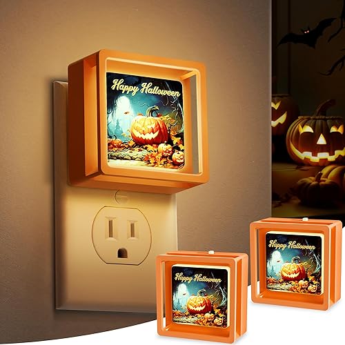 DORESshop Paquete de 2 luces nocturnas de Halloween, luz nocturna LED espeluznante, pintura de calabaza, brillo ajustable, encendido y apagado