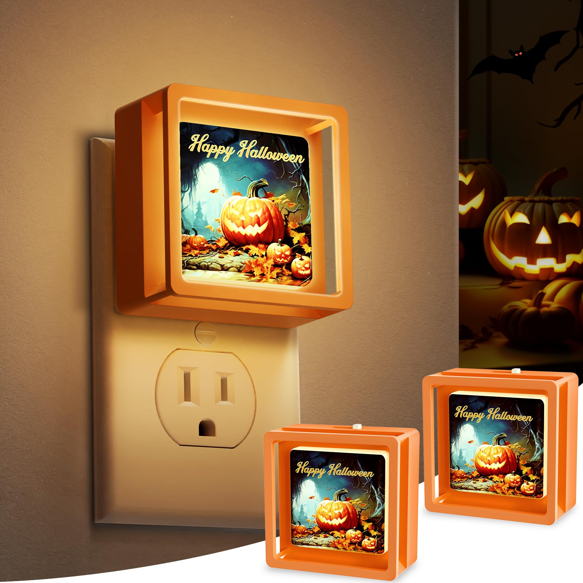 DORESshop Halloween Night Light 2 Pack- Spooky LED Nightlight, Pumpkin Paint, Adjustable Brightness, Auto On/Off, Ideal Night Light for Kids, Plug-in,Cute Decor for Halloween Enthusiasts