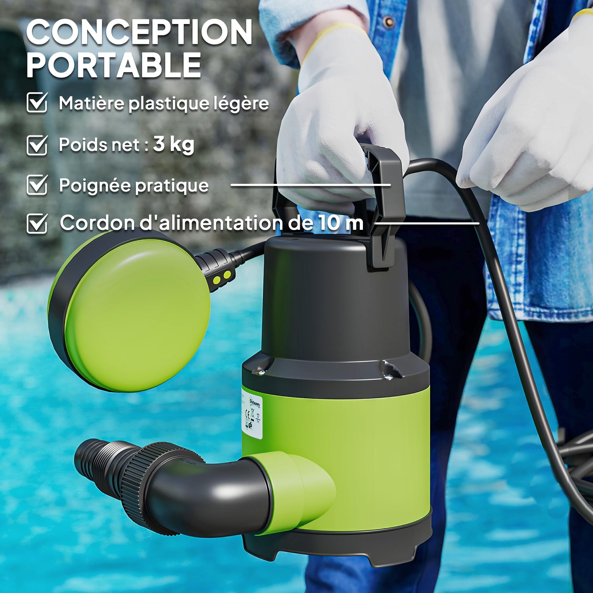 Outsunny Pompe d'Évacuation Eaux Chargées/Propres 9000L/H 400W 7m Max. Vert | Pour Eaux Sales, Particules Jusqu'à 15 mm, Pompe de Relevage Eaux Chargées, Interrupteur à Flotteur