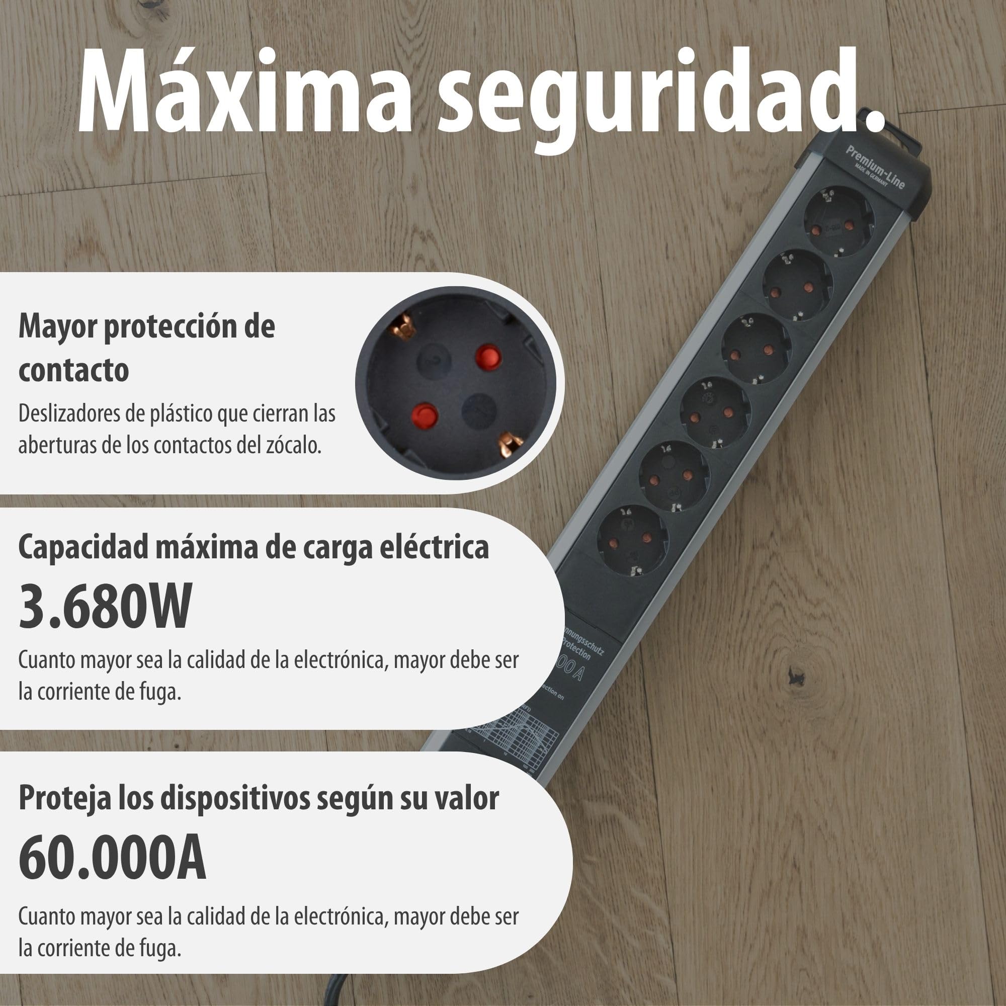 Brennenstuhl Premium-Protect-Line regleta enchufes de 6 Tomas con protección contra sobretensiones de 60.000 A (Cable de 3 m, Interruptor, protección antirayos, Fabricado en Alemania) Plateado/Negro