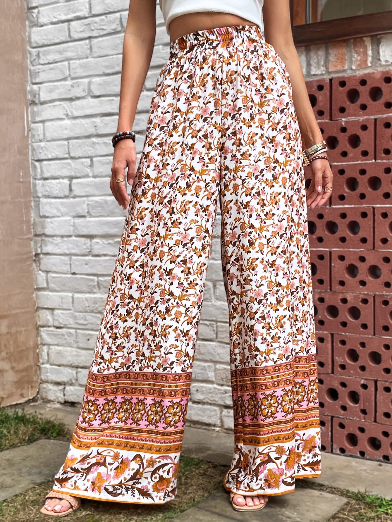 REDESYN Pants for Women Womens Pant Floral Print Wide Leg Pants Pants Color White Size Large