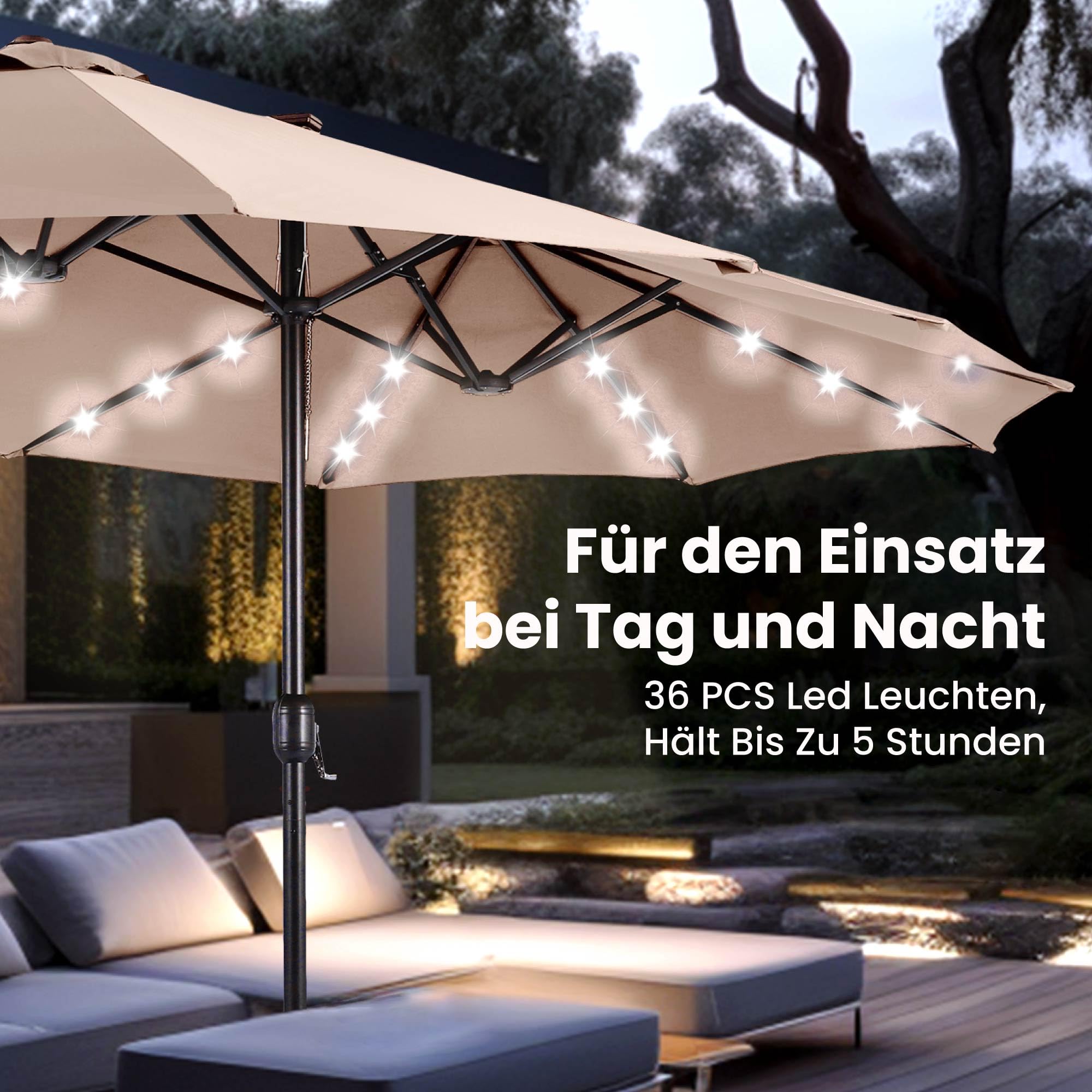 PHI VILLA Sonnenschirm Rechteckig mit Ständer Groß 270x450cm für Garten Terrasse Gartenschirm mit Kurbel UV Schutz Parasol Windfest