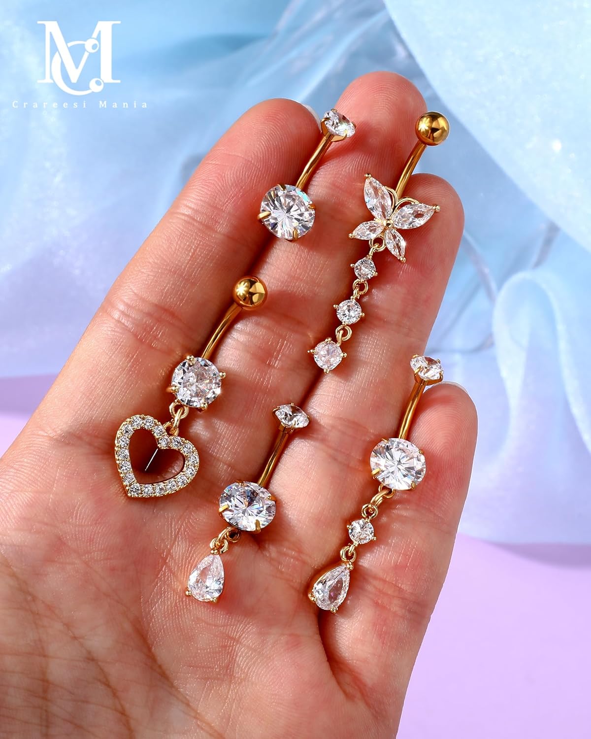 CM Crareesi Mania Belly Piercing Jewelry Pack 316L Stainless Steel Belly Rings 5PCS 14G Dangle Heart Belly Button Rings for Women - Image 4