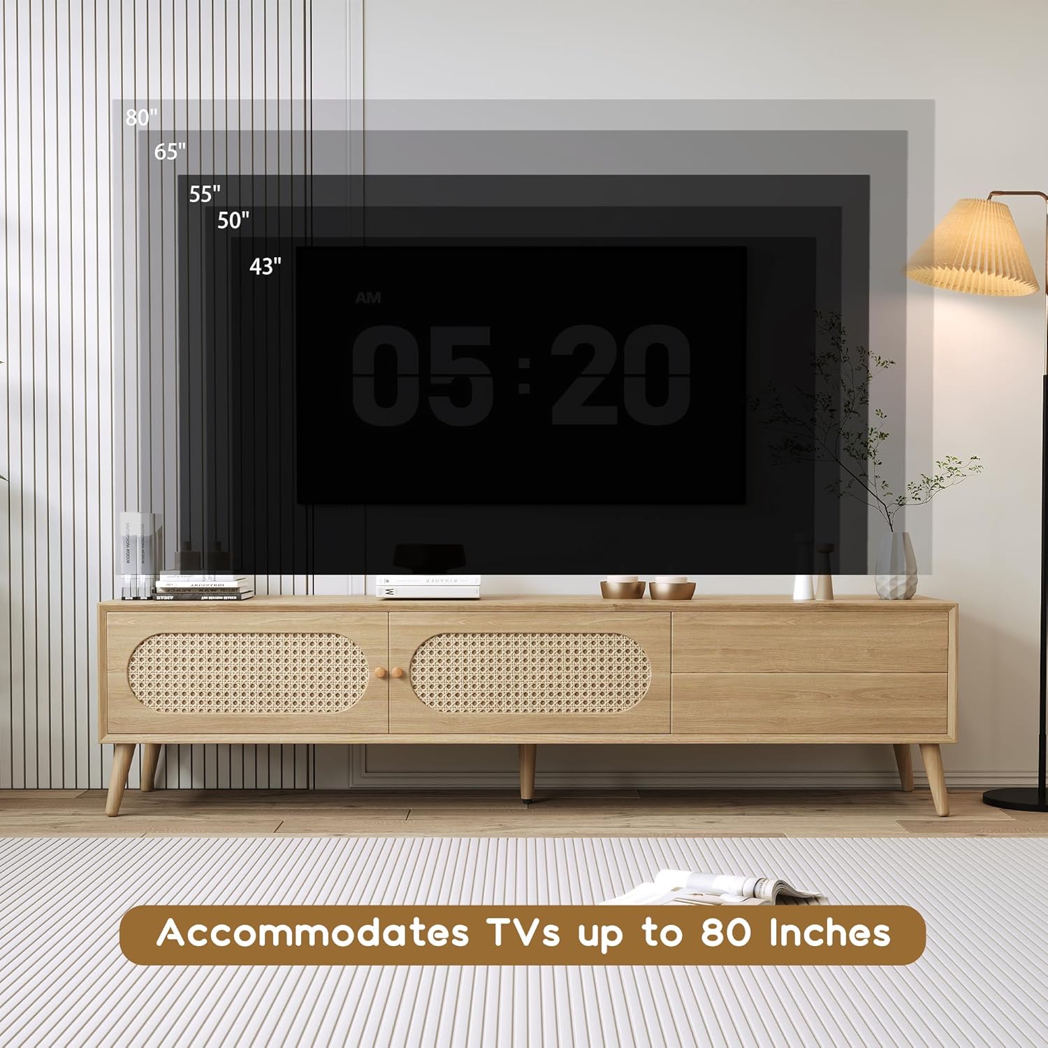 LUMISOL Boho Rattan TV Stand for 80''+ TV, Mid Century Modern Entertainment Center with Rattan Doors & Drawer, Wood Media Console Table with Solid Wood Legs for Living Room, Bedroom, Natural