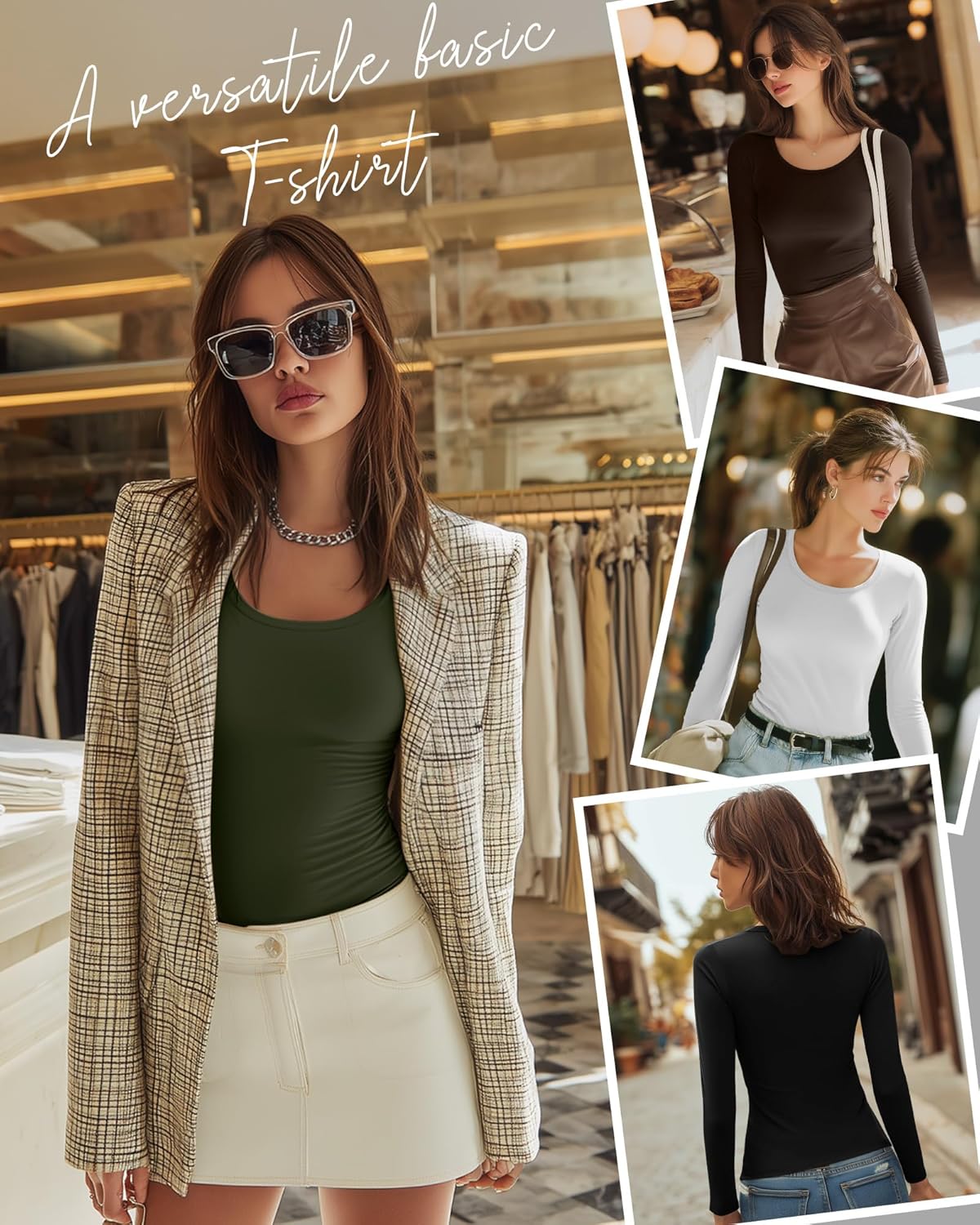 Ficerd 4 Pack Women's Scoop Neck Tops Long Sleeve Slim Fit T-Shirts Stretchy Tight Casual Plain Layering Shirts Tees - Image 5