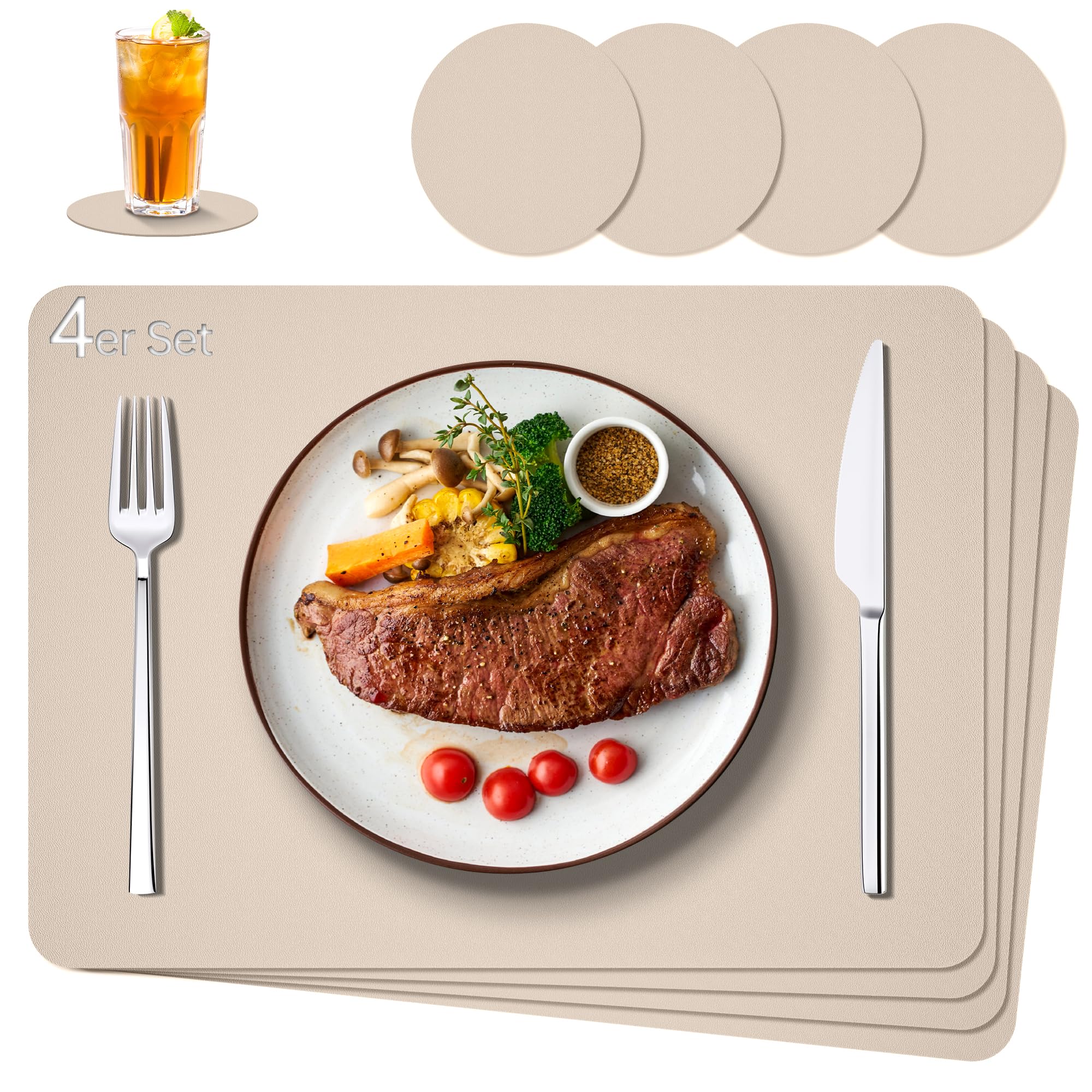 IKWOLETI Tischsets Abwaschbar mit Untersetzer - Platzsets Abwaschbar aus Kunstleder - Doppelseitige Platzdeckchen in Lederoptik - Ideal für Küche und Büro