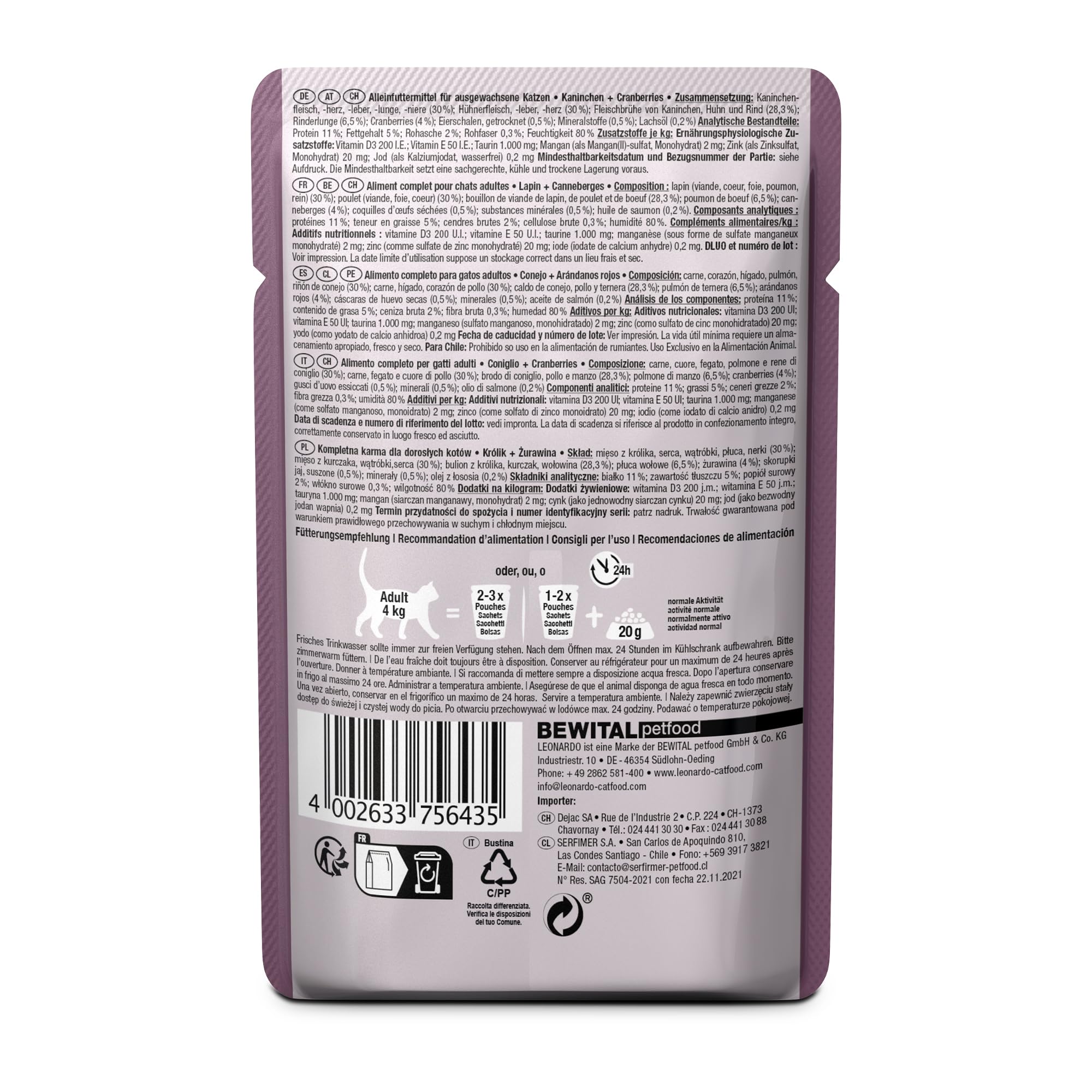 LEONARDO Katzenfutter nass Kaninchen & Cranberries, 2X 16 Beutel à 85 g, Finest Selection, Nassfutter für ausgewachsene Katzen ohne Zucker und Getreide, bei Futterunverträglichkeiten