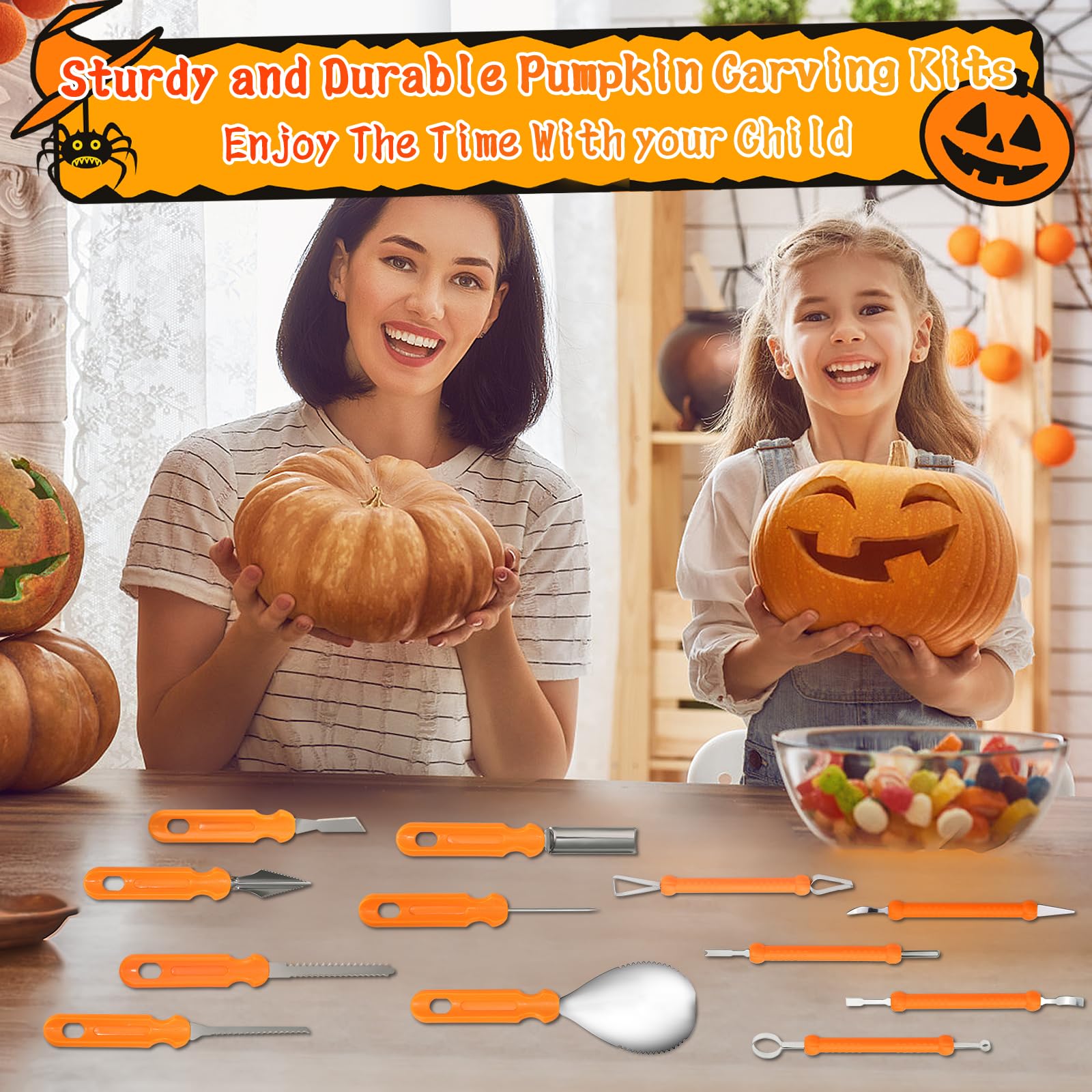 Kit de Calabaza Tallado de Halloween,Juego de Tallado de Calabaza de Halloween,Herramientas para Tallar Calabazas con Bolsa de Almacenamiento y 6 Plantilla de Grabado para Adultos Inoxidable