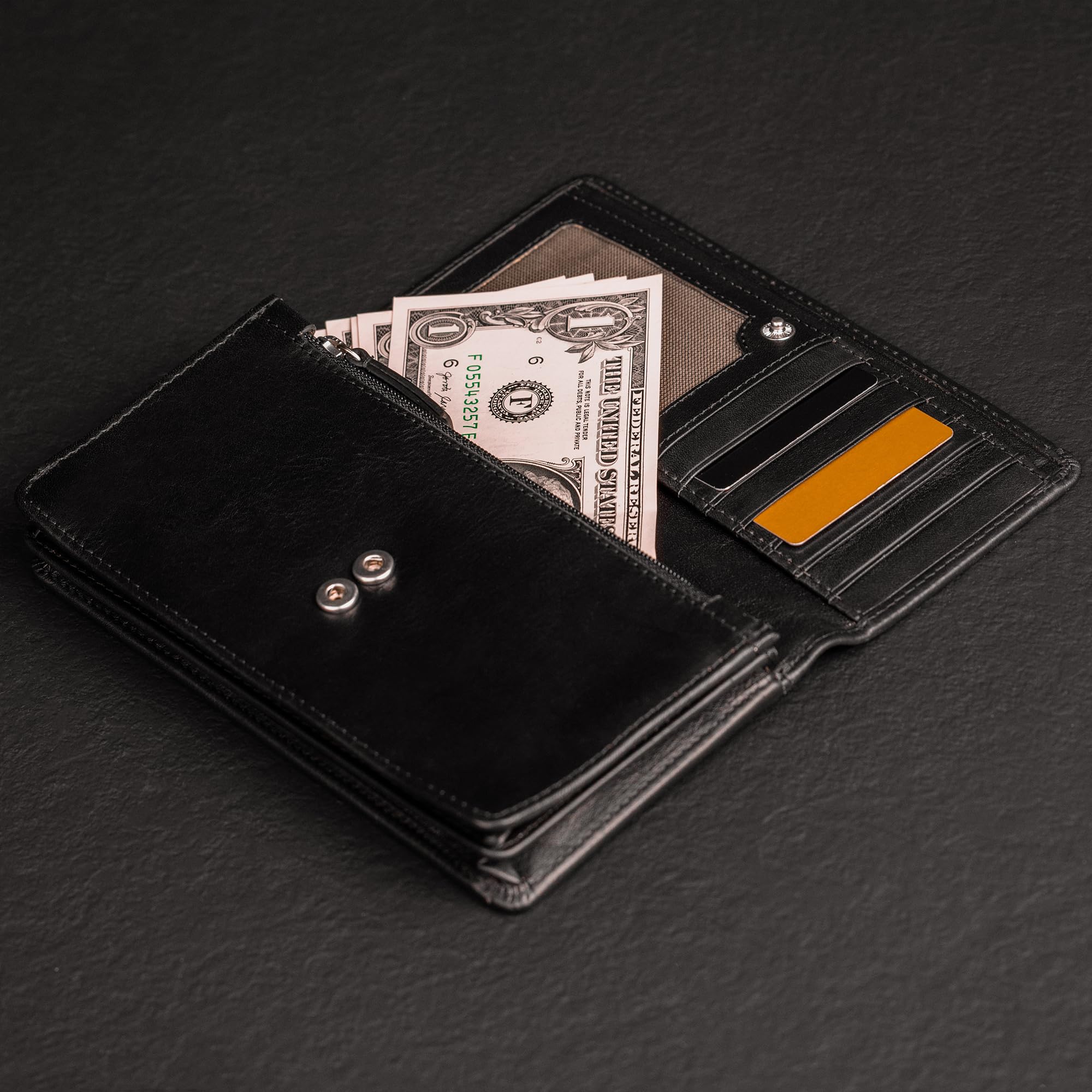 Time Resistance Cartera Larga de Cuero – Cartera Continental para Tarjetas de Crédito y Efectivo – Porta Dinero Minimalista Hecho a Mano en Italia (Negro)