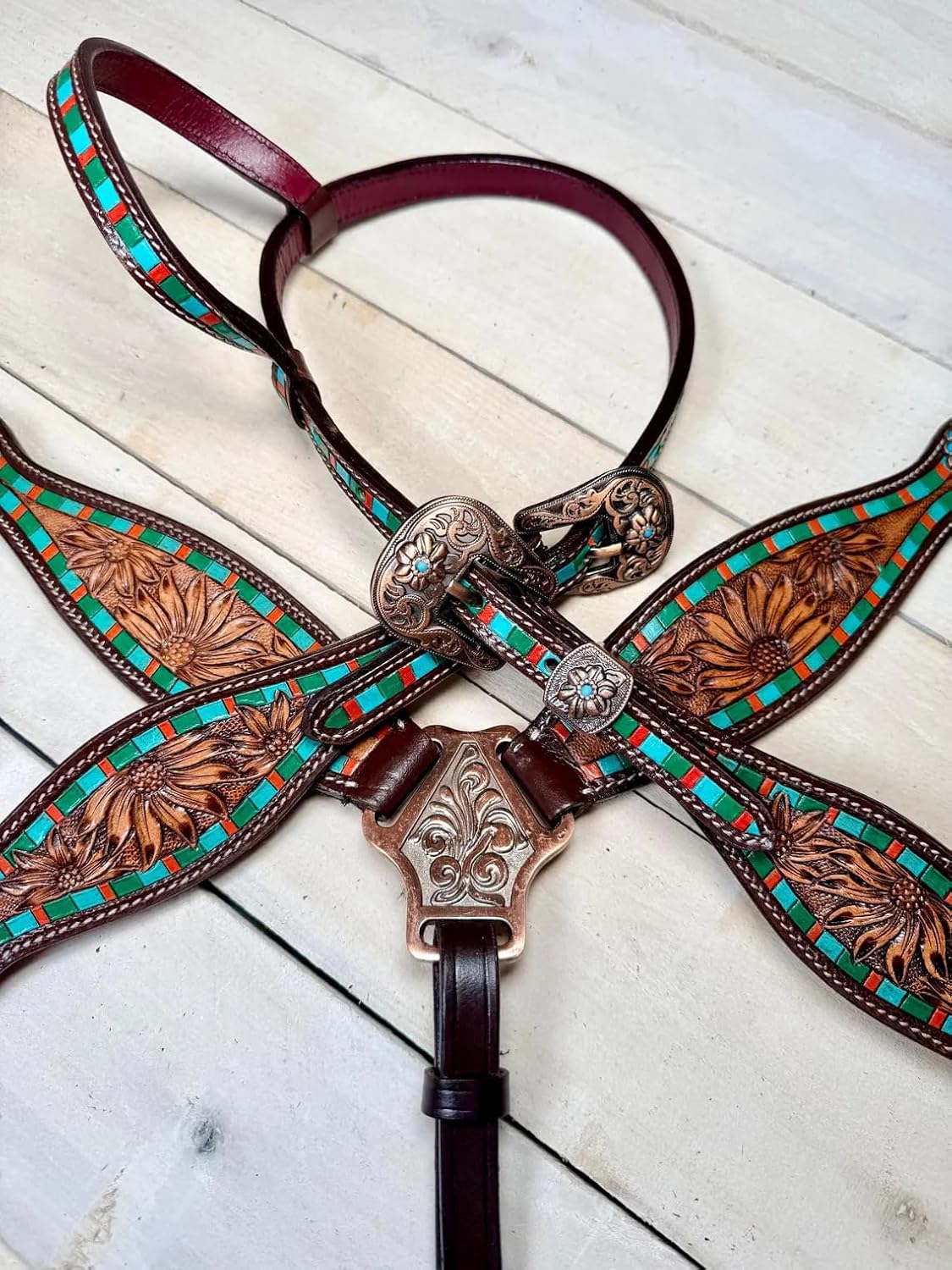Western One Ear Leather Hand Tooled Headstall and Breast Collar Set with Reins. /Size-Full,Cob AA-03