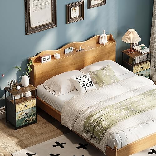 Miniatura 7 de Mesita de noche con estación de carga, salida USB y luz LED, mesa auxiliar con 3 cajones de tela y estante de almacenamiento para dormitorio, sala