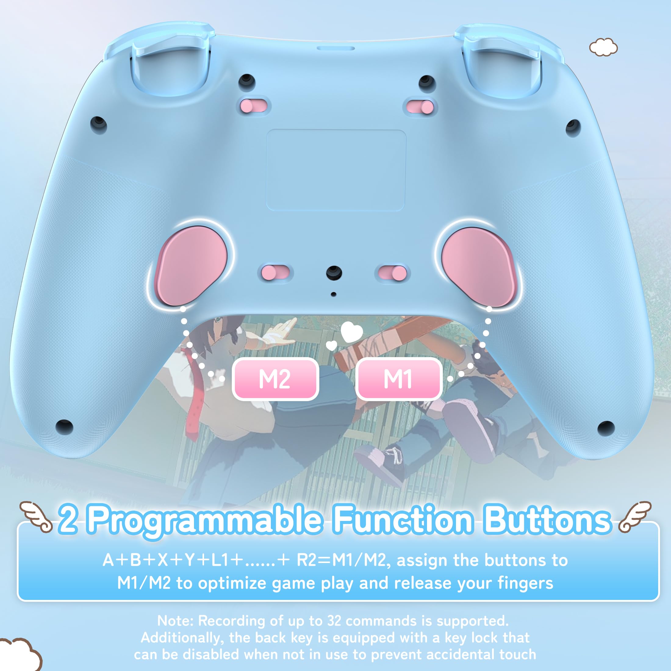 Kuitmor Wireless PC Controller mit RGB, Hall Effekt Joysticks, 1000 Hz, Turbo, Remappable Buttons, PC/Switch/iOS/Android/Linux, Blau Cinnamoroll