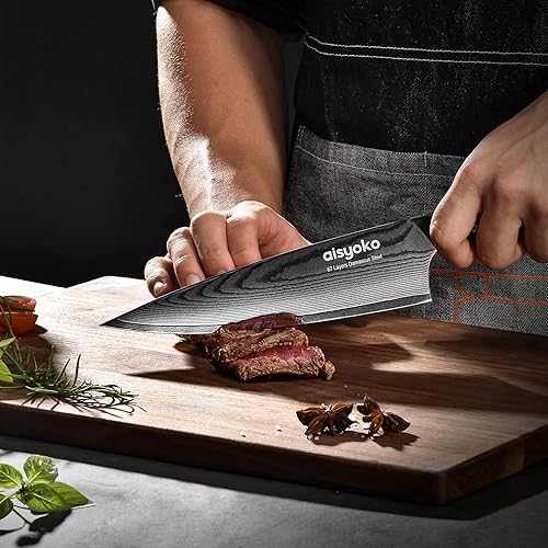 Vista 3 de Cuchillo de chef de Damasco de 8 pulgadas, cuchillo de cocina afilado Japón VG-10 de acero inoxidable al carbono, ultra afilado, mango ergonómico